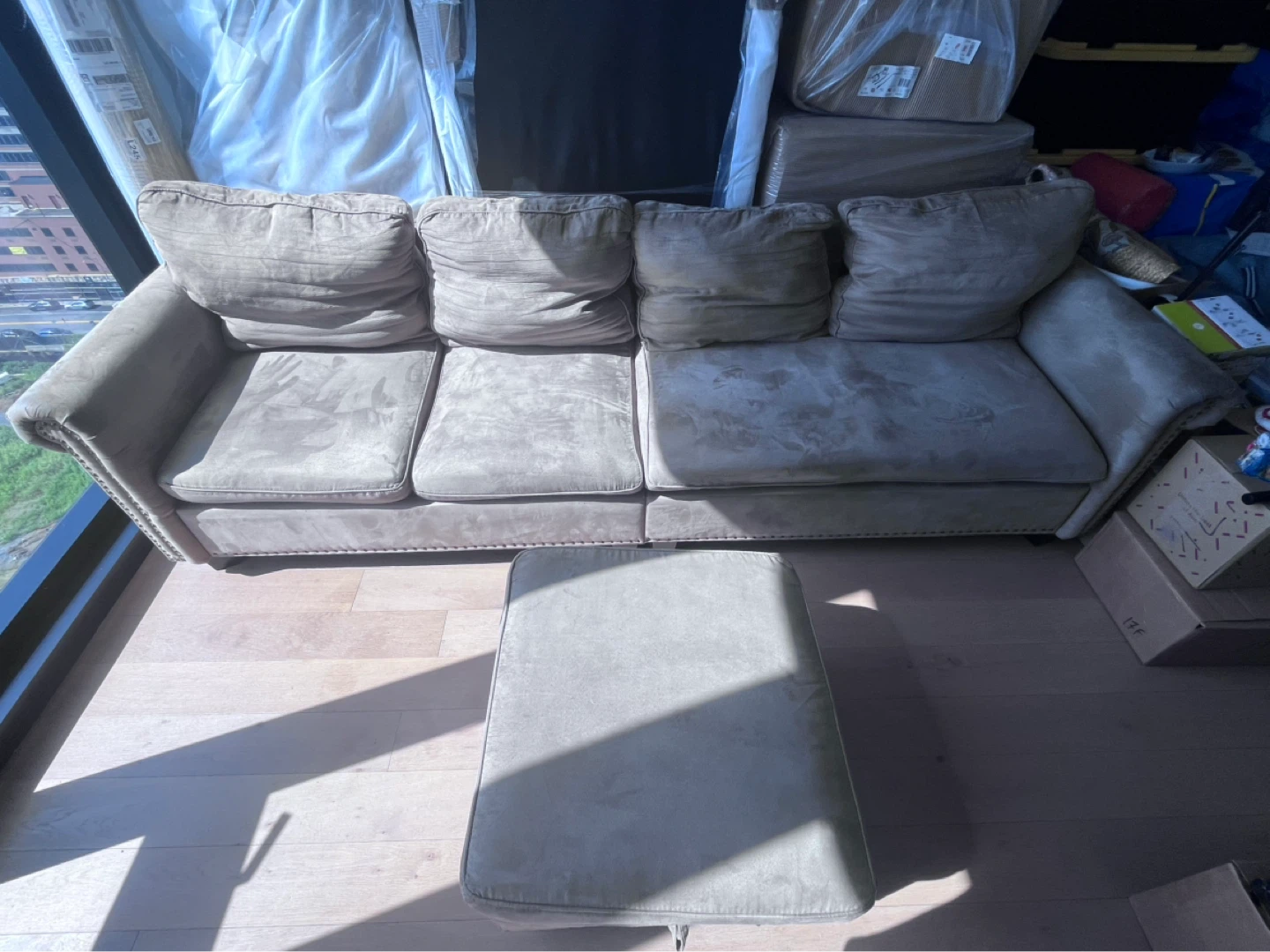 Taupe Suede Sectional Sofa with Storage Ottoman - photo 2