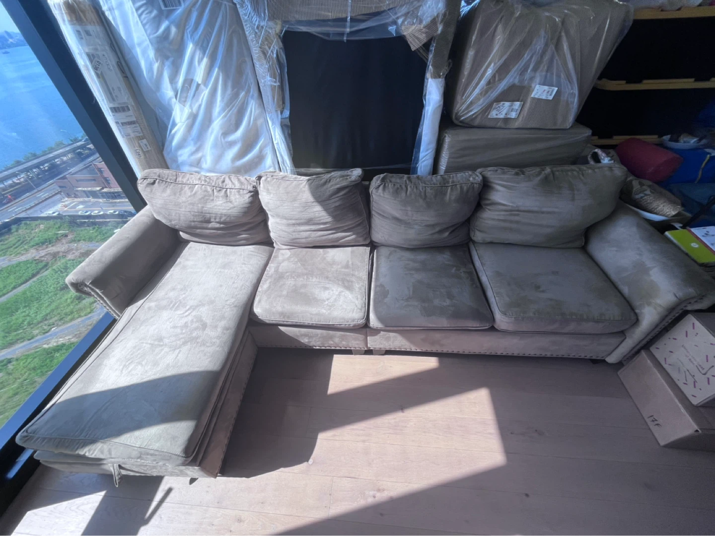 Taupe Suede Sectional Sofa with Storage Ottoman