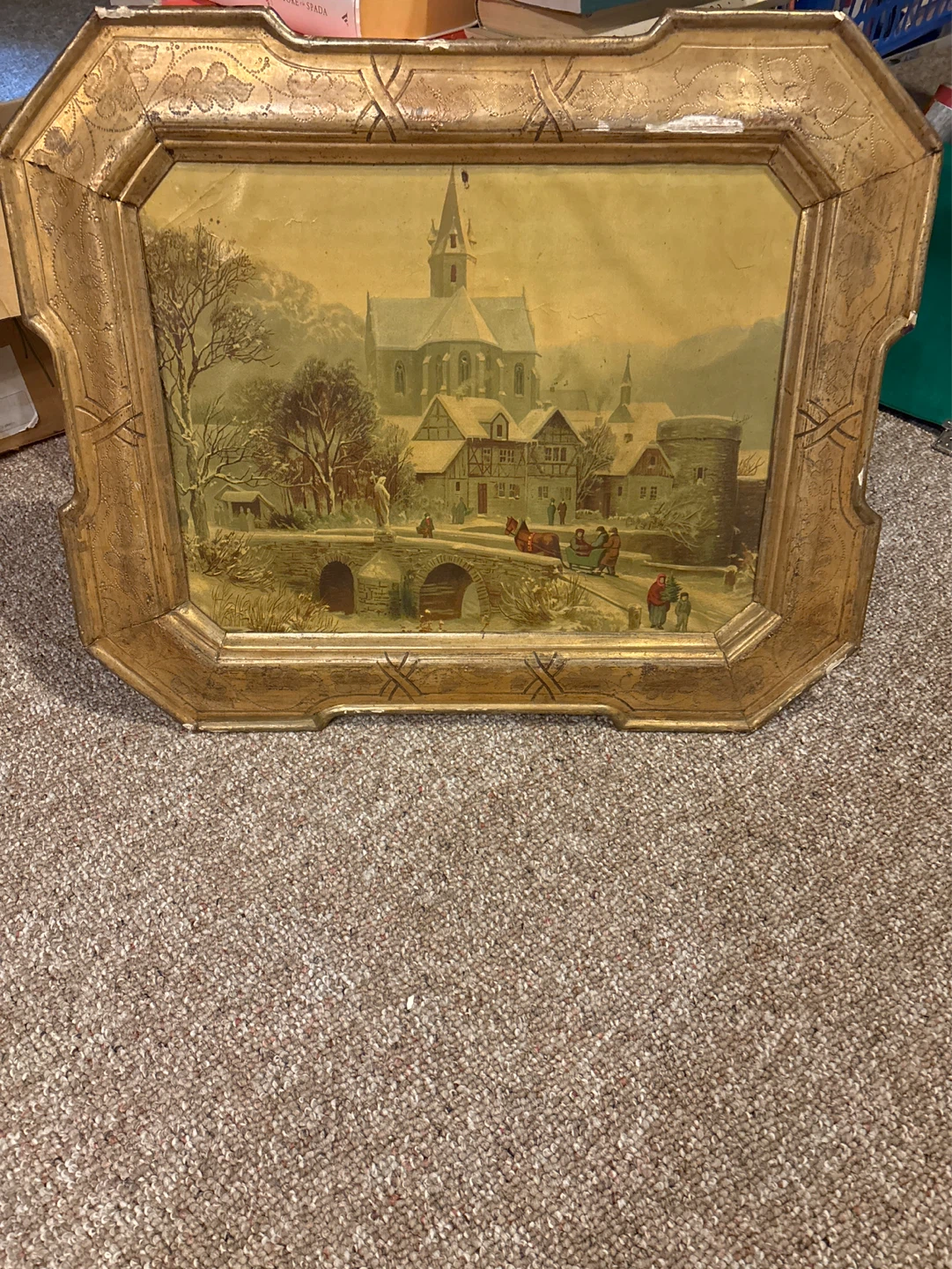 Vintage Framed Winter Village Scene Painting