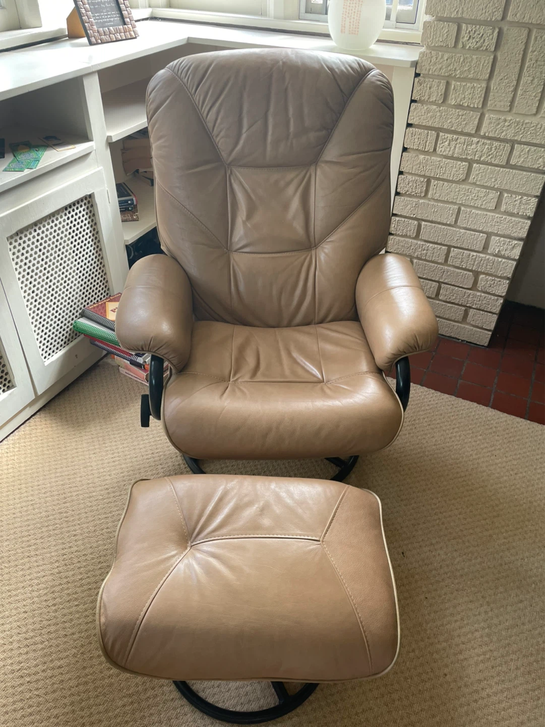 Tan Leather Recliner Chair with Ottoman