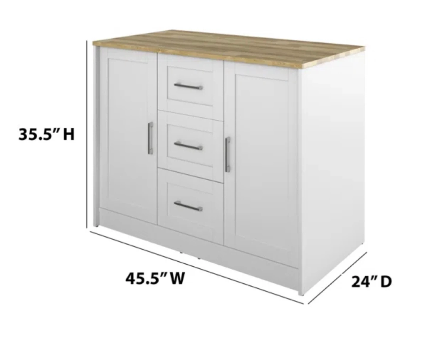 White Kitchen Island with 3 Drawers and Cabinet Doors