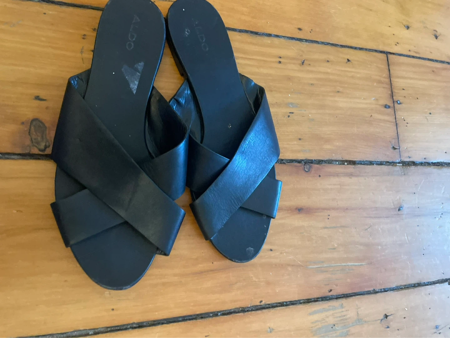 ALDO Black Leather Cross-Strap Slide Sandals