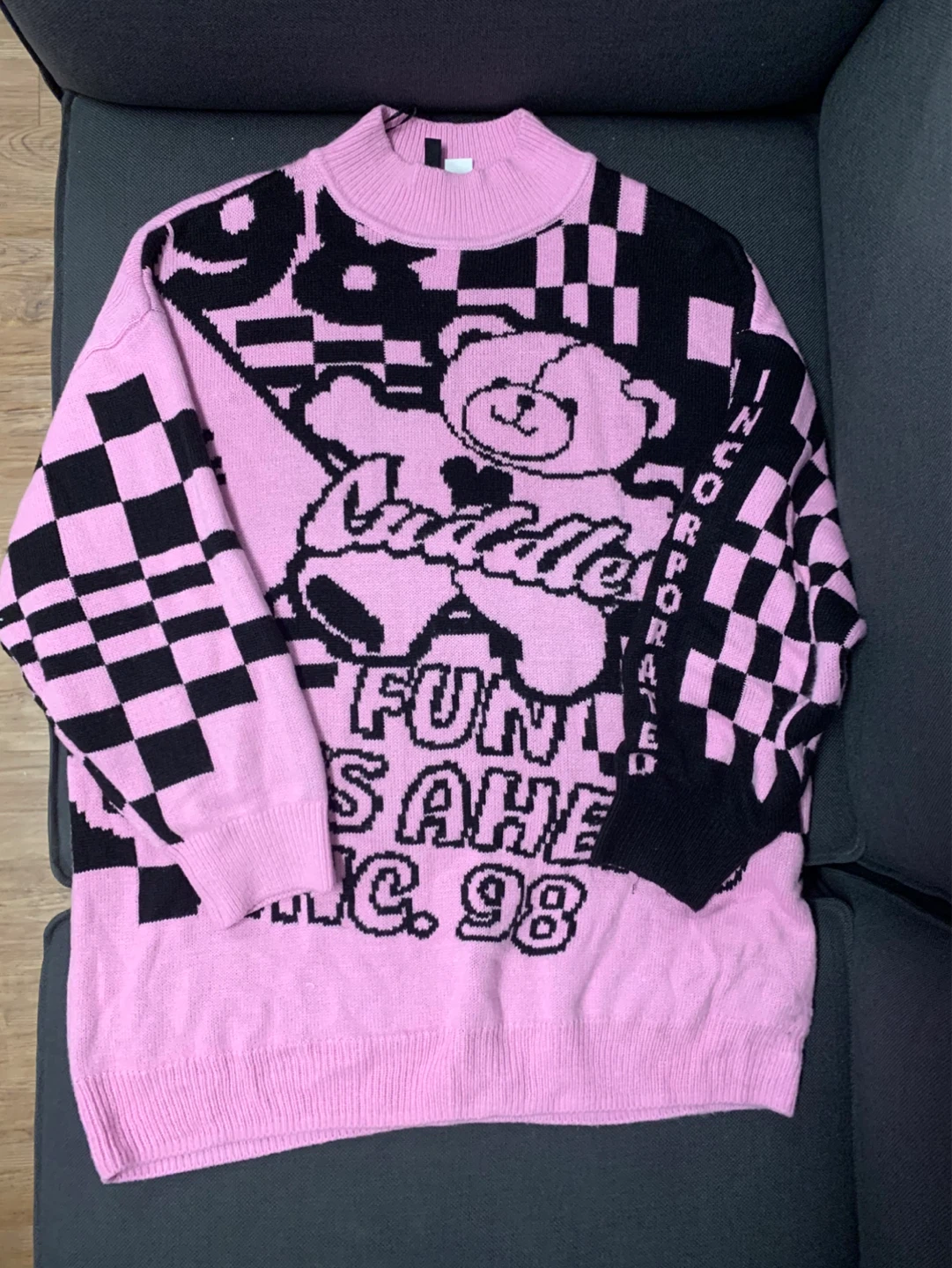 Pink & Black Teddy Bear Checkered Sweater