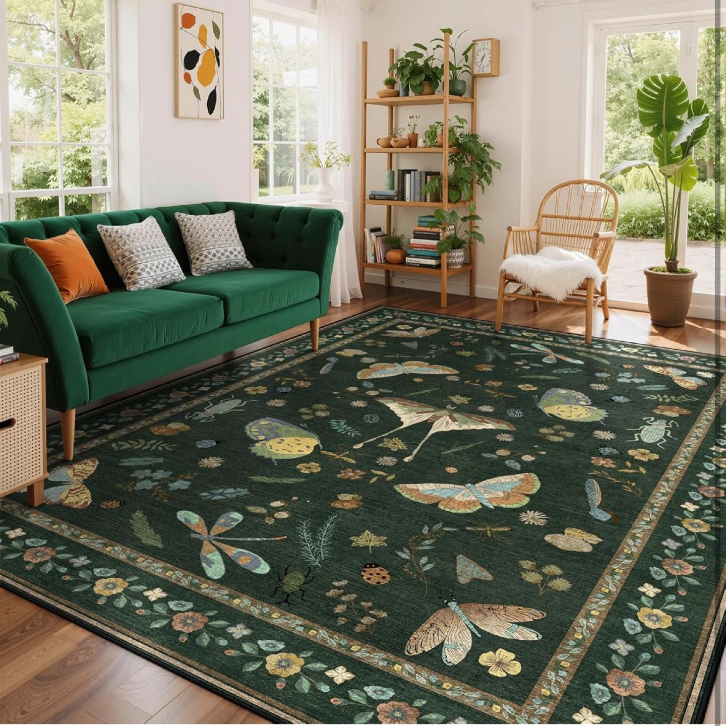 8x10 feet Green Butterfly and Dragonfly Area Rug