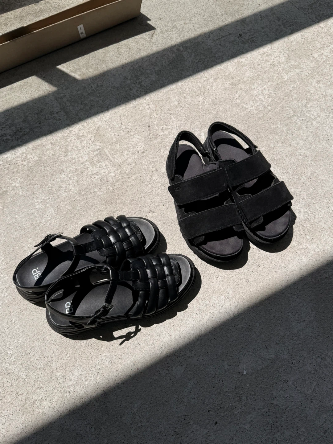 Black UGG and BP. Sandals