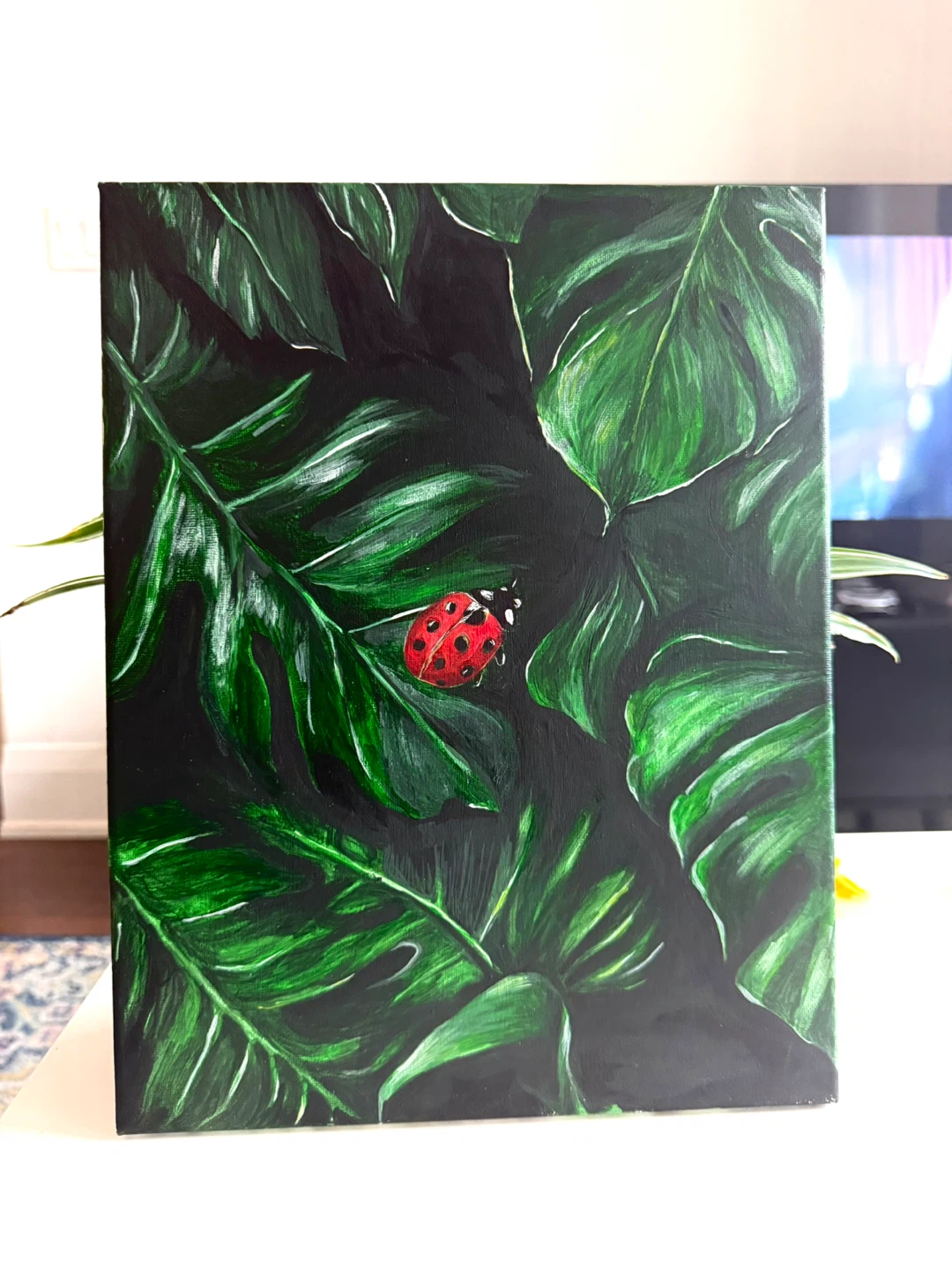 Original Ladybug and Tropical Leaves Painting - photo 2