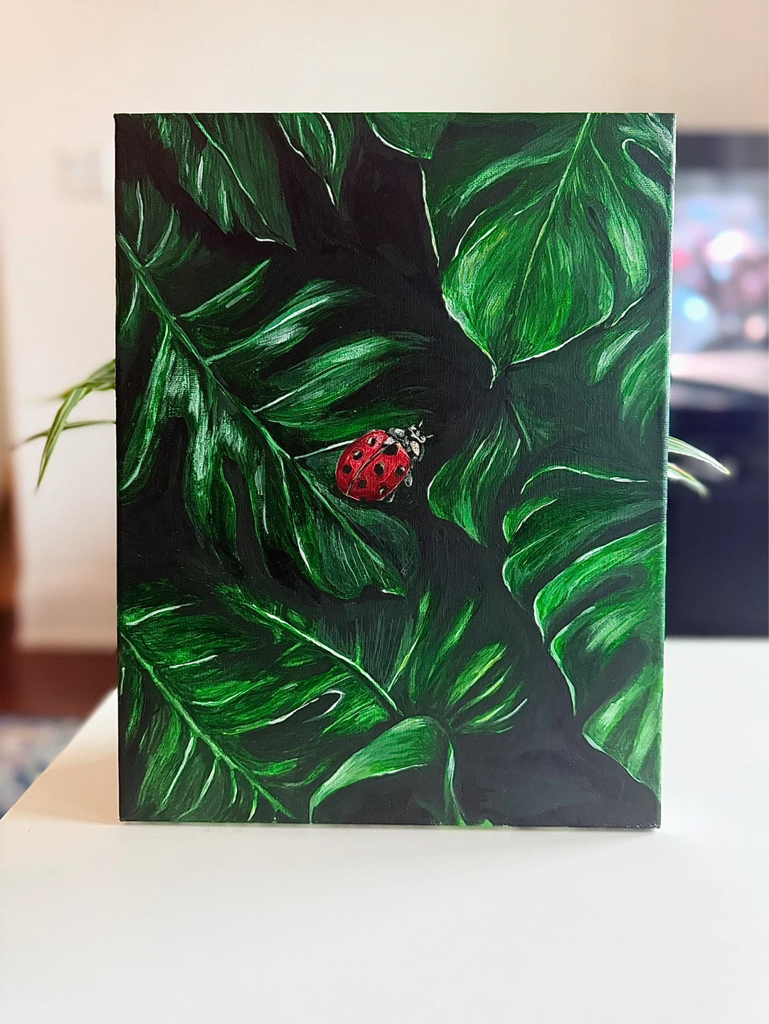 Original Ladybug and Tropical Leaves Painting