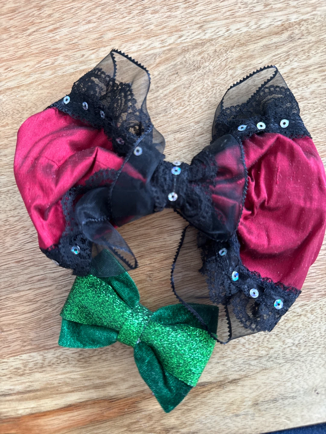 Red and Black Lace Bows with Green Glitter Bow