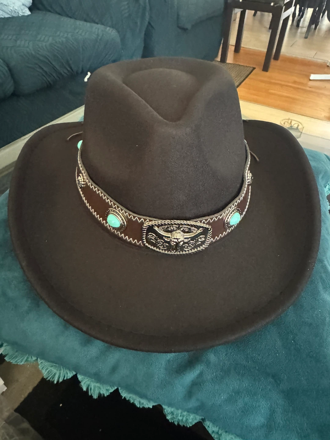 Black Cowboy Hat with Turquoise Embellishments