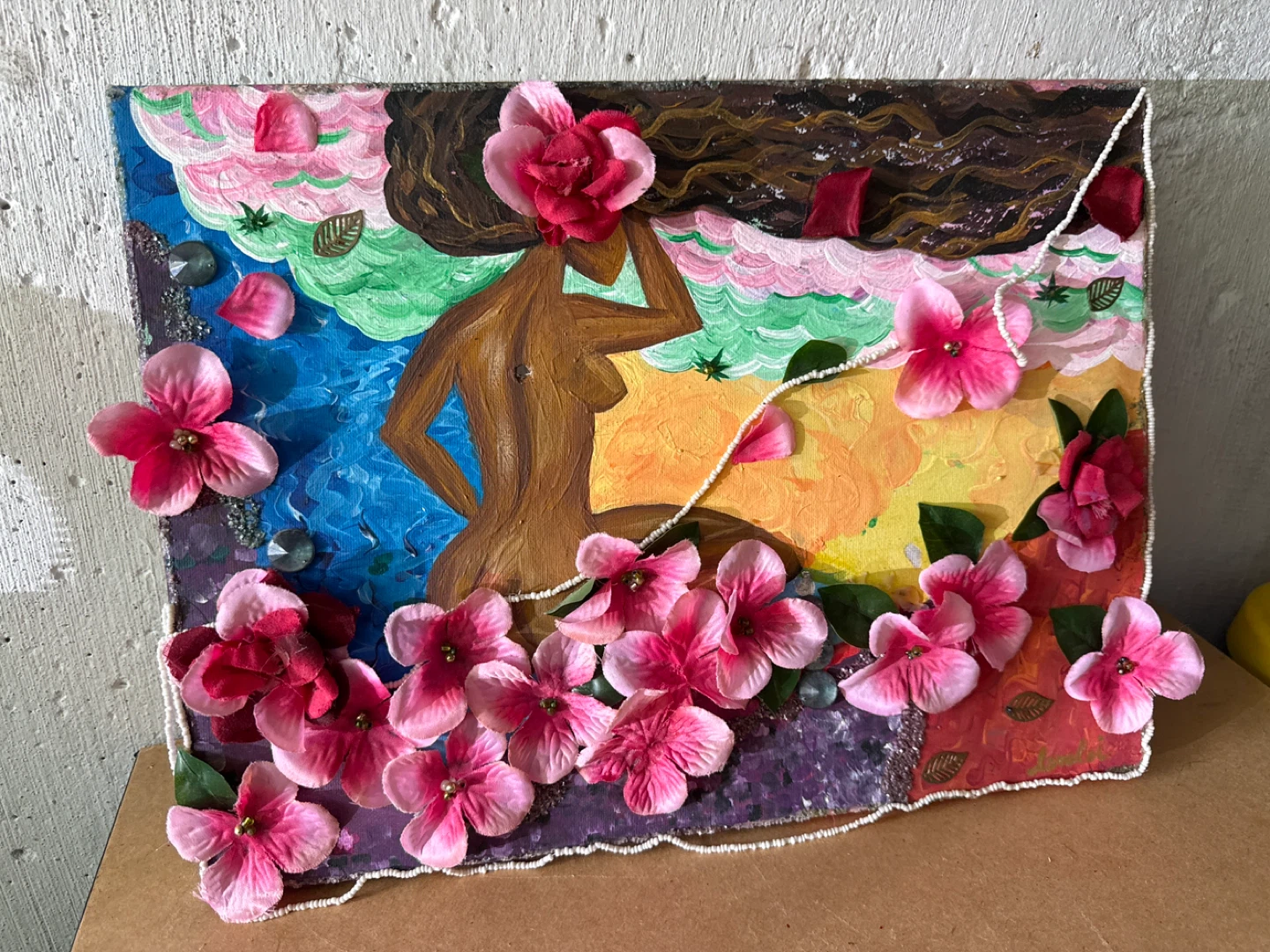 Handmade Textured Painting with Flowers