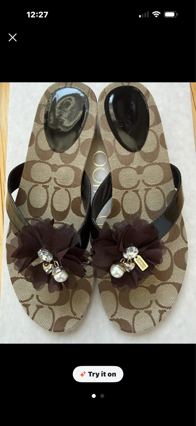 Coach Signature Flip Flops with Flower Embellishment