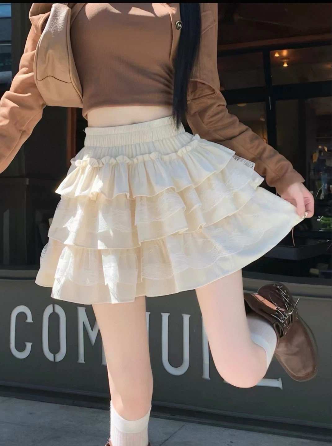 Cream Tiered Ruffle Mini Skirt