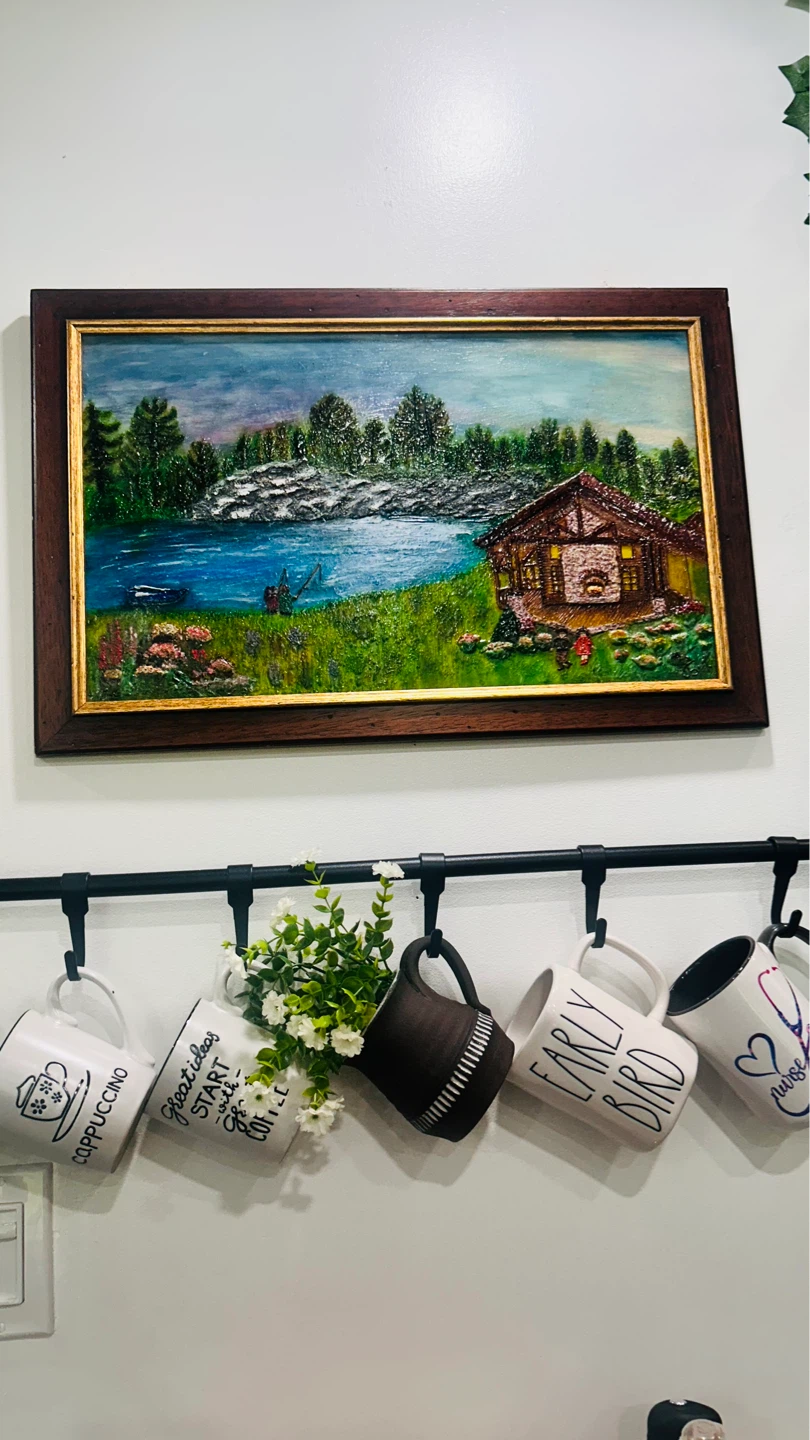 Framed Cabin and Lake Landscape Painting - photo 2