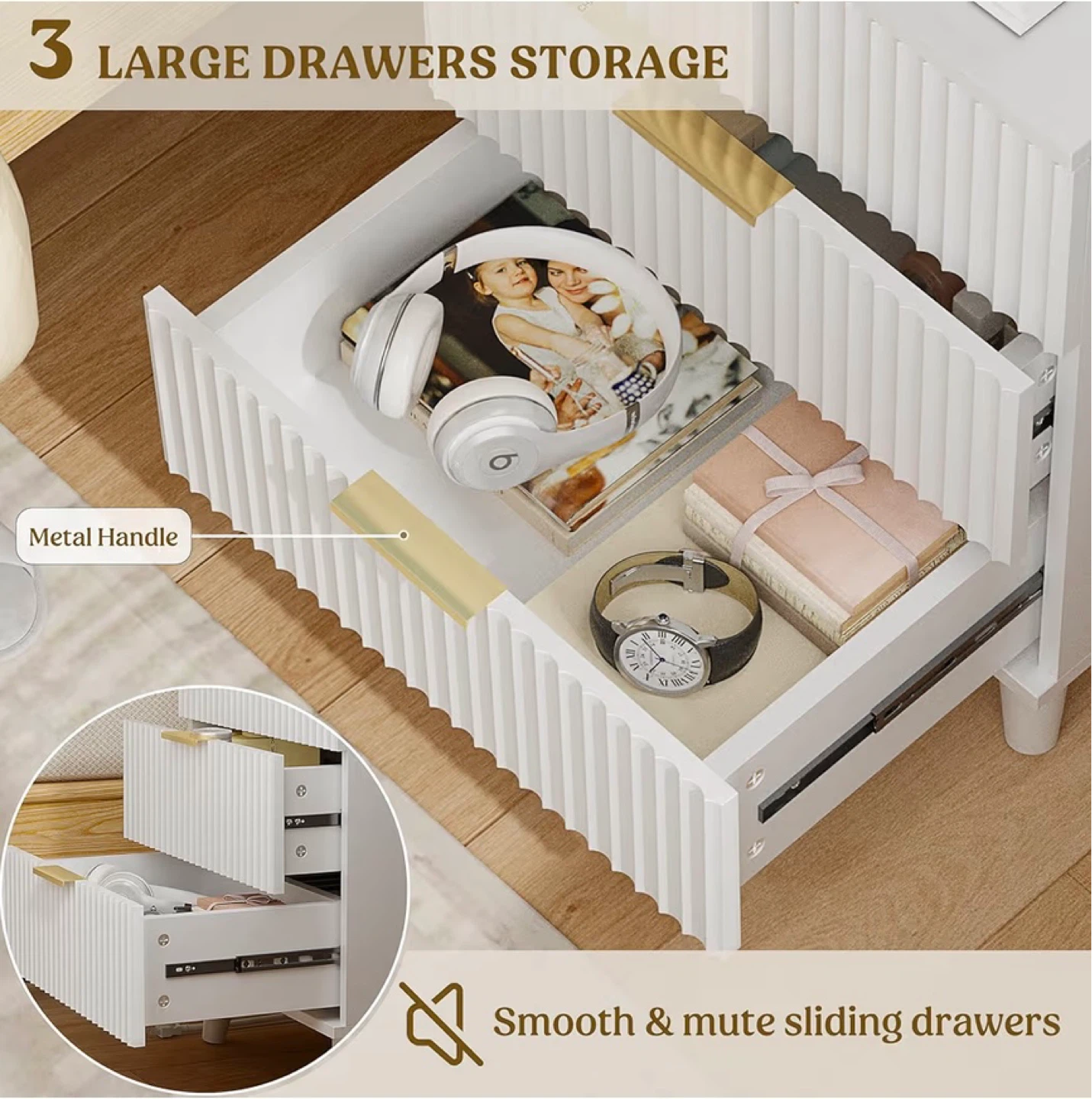 White 3-Drawer Nightstand - photo 5