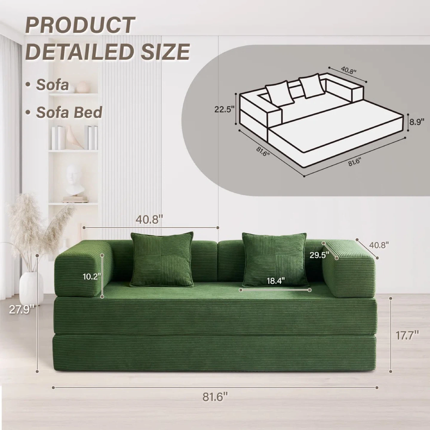 New Green Convertible Sofa Bed with 2 Pillows - photo 5