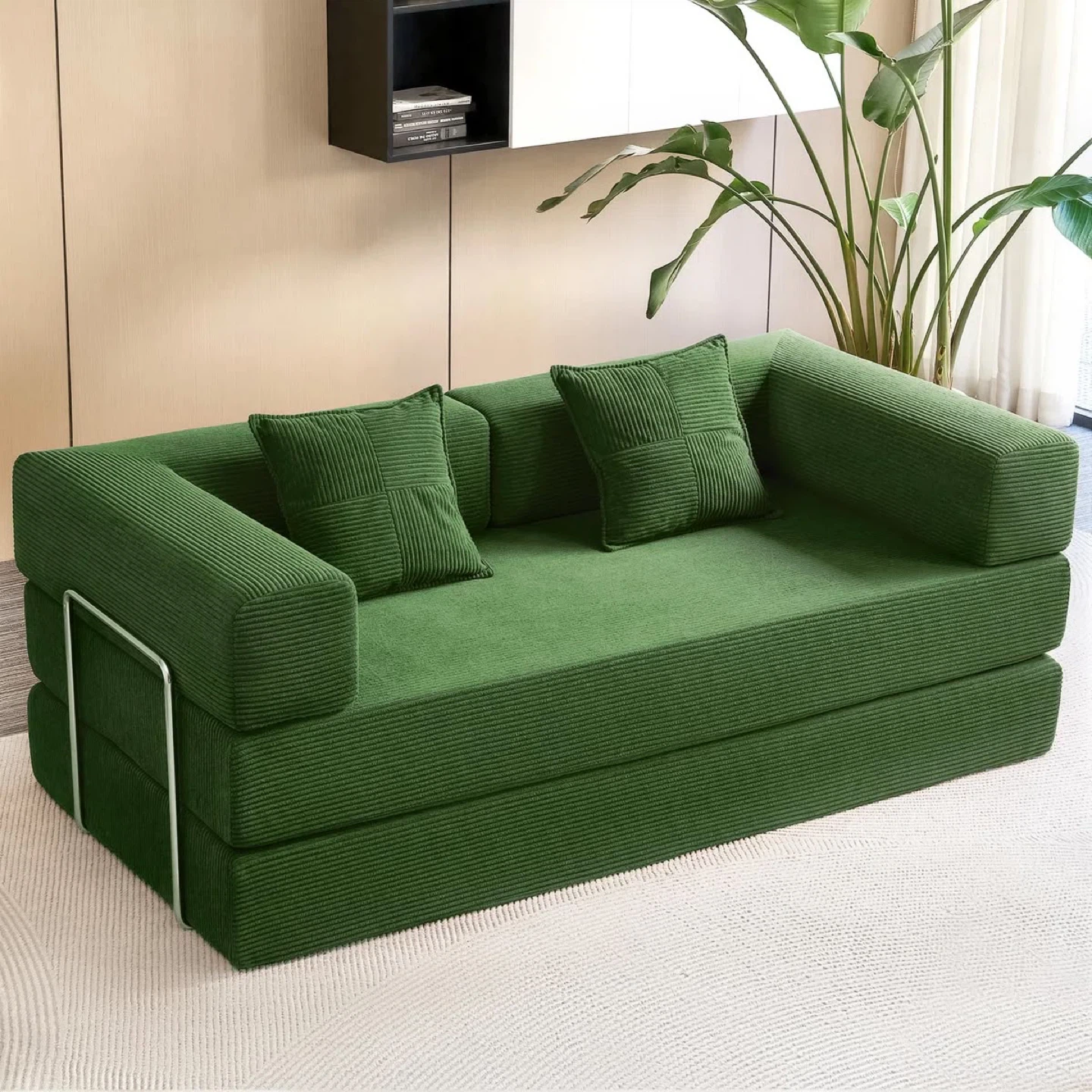 New Green Convertible Sofa Bed with 2 Pillows