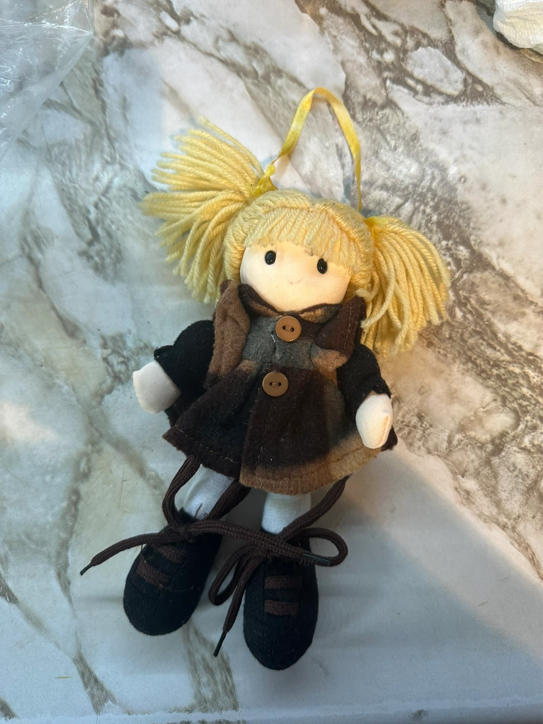 Plush Doll with Blonde Pigtails and Brown Outfit