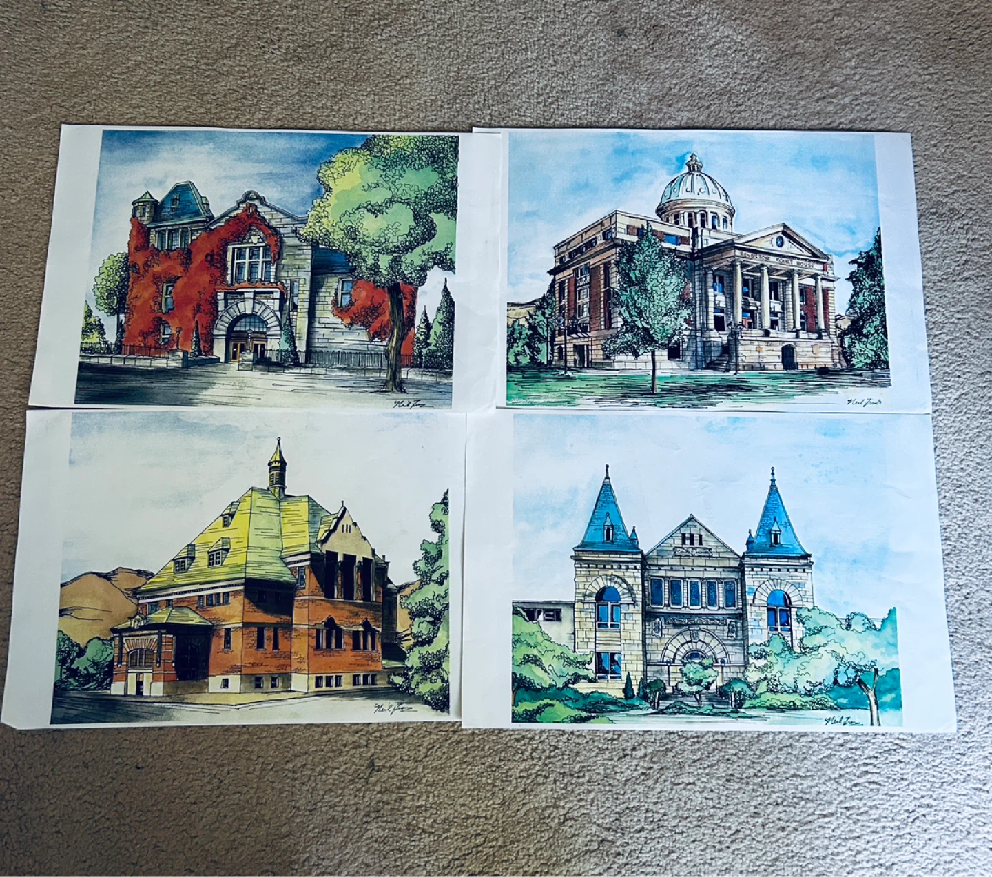 4 NELSON BC COURTHOUSES WATERCOLOUR PAINTINGS