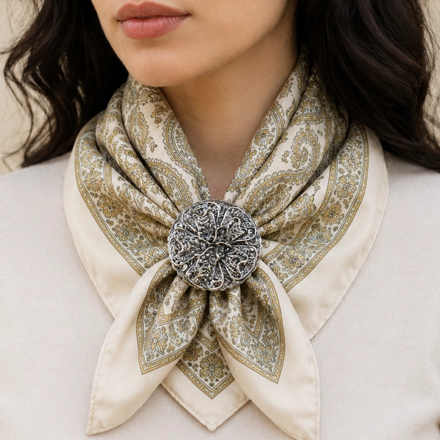 Vintage 1950s Silver Tone 3D Filigree Buckle Scarf Clip Flower