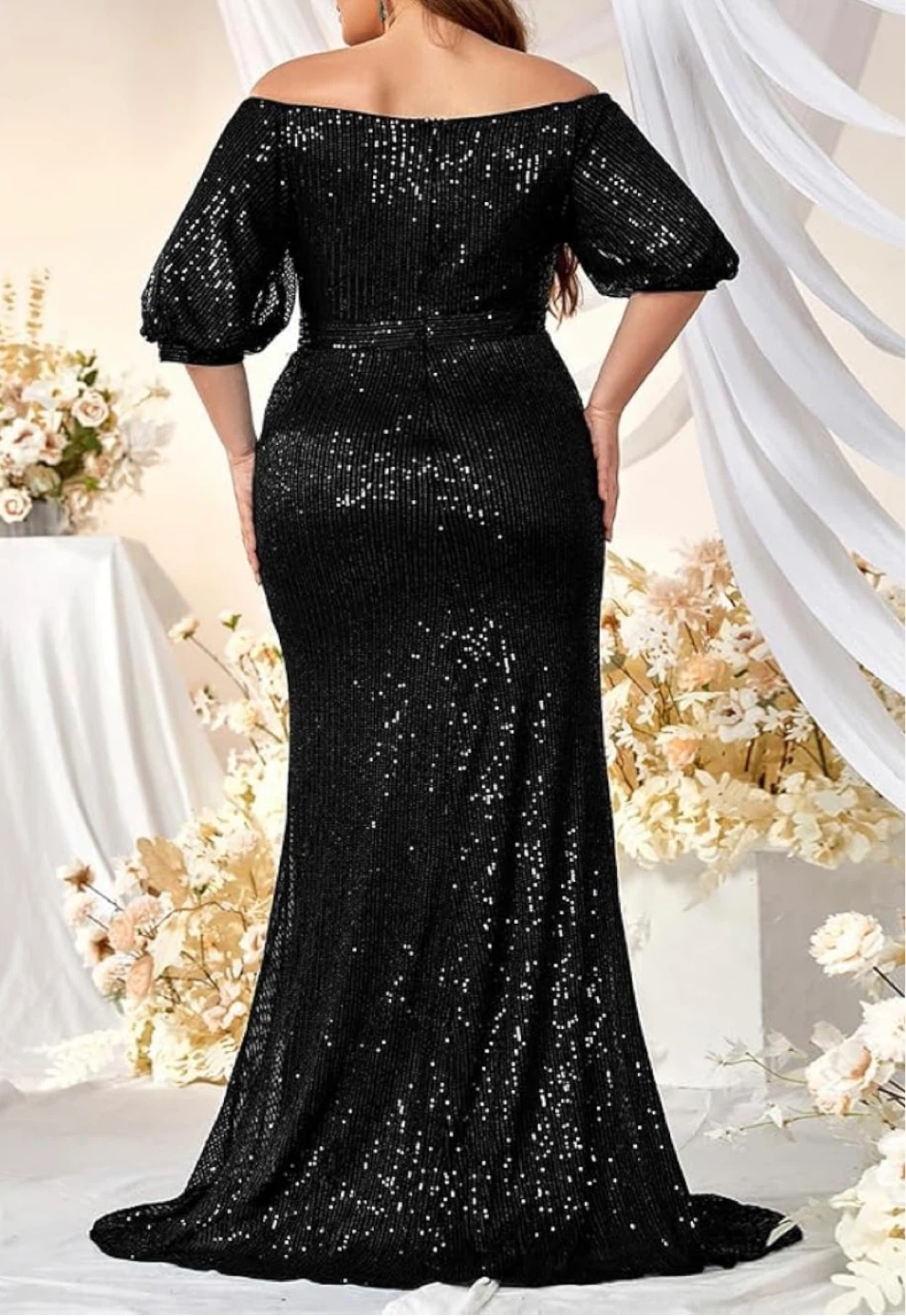 Off-Shoulder Black Sequin Maxi Dress with Puff Sleeves - photo 3