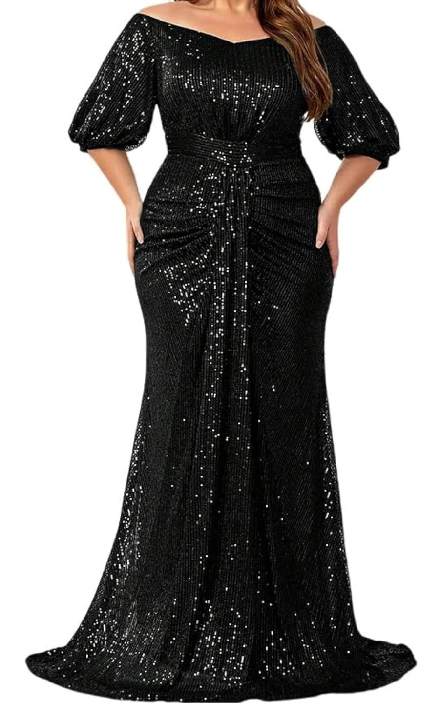 Off-Shoulder Black Sequin Maxi Dress with Puff Sleeves - photo 2