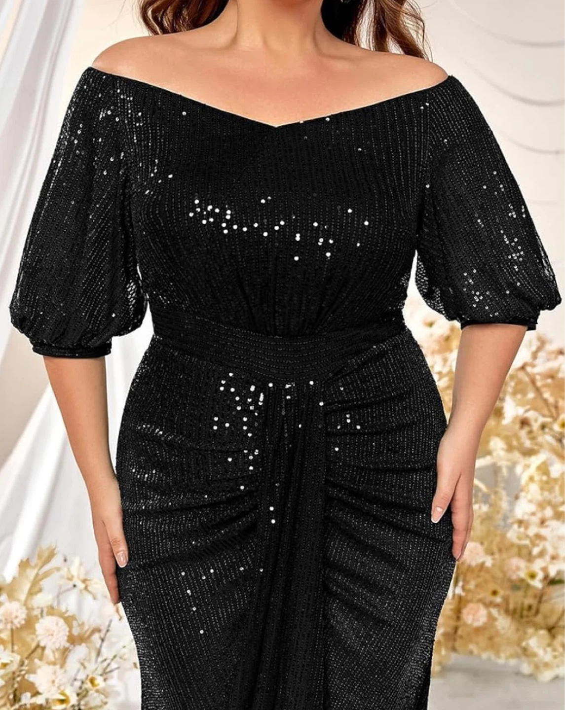 Off-Shoulder Black Sequin Maxi Dress with Puff Sleeves
