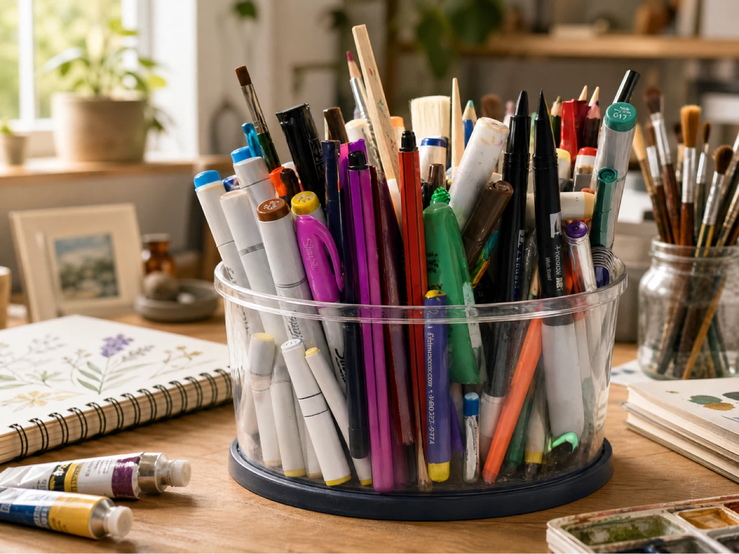 Art Supplies Container with Assorted Pens, Pencils, and Brushes