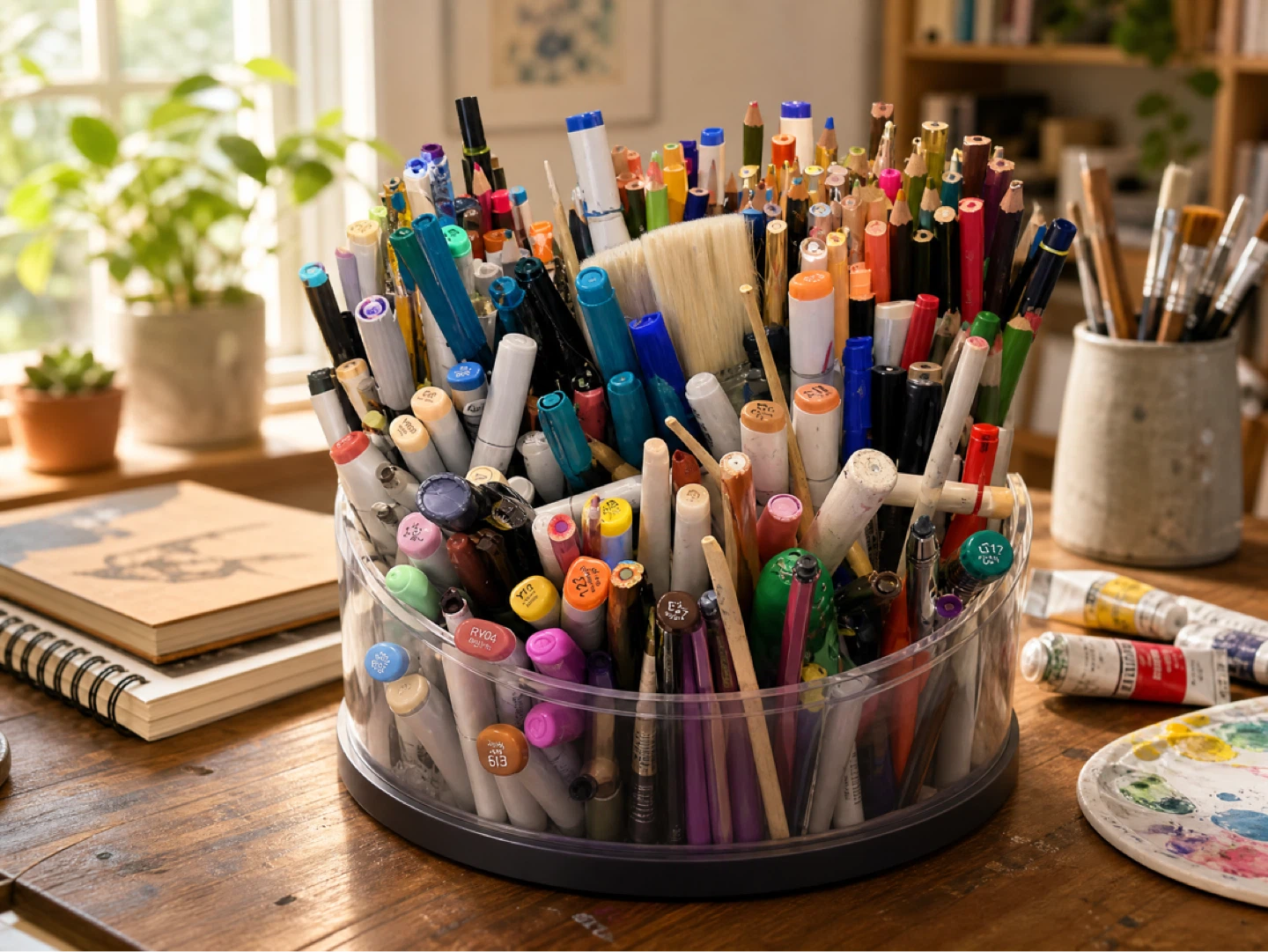 Art Supplies Container with Assorted Pens, Pencils, and Brushes - photo 2