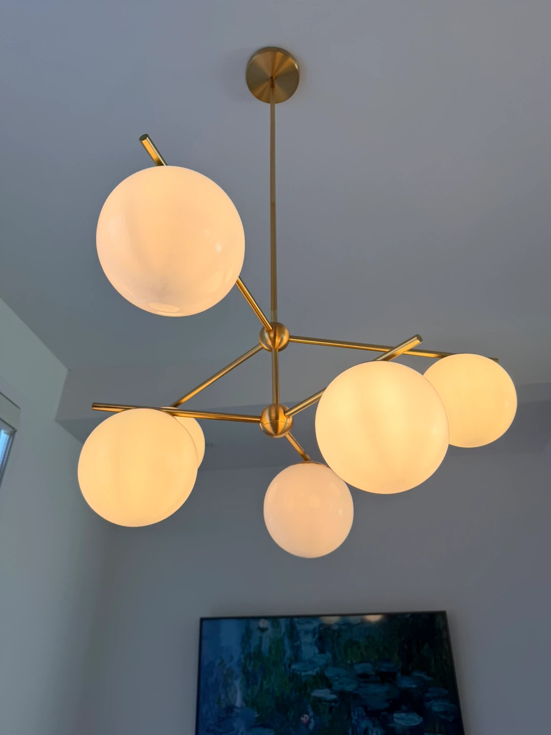Brass 6-Light Chandelier with Frosted Glass Globes