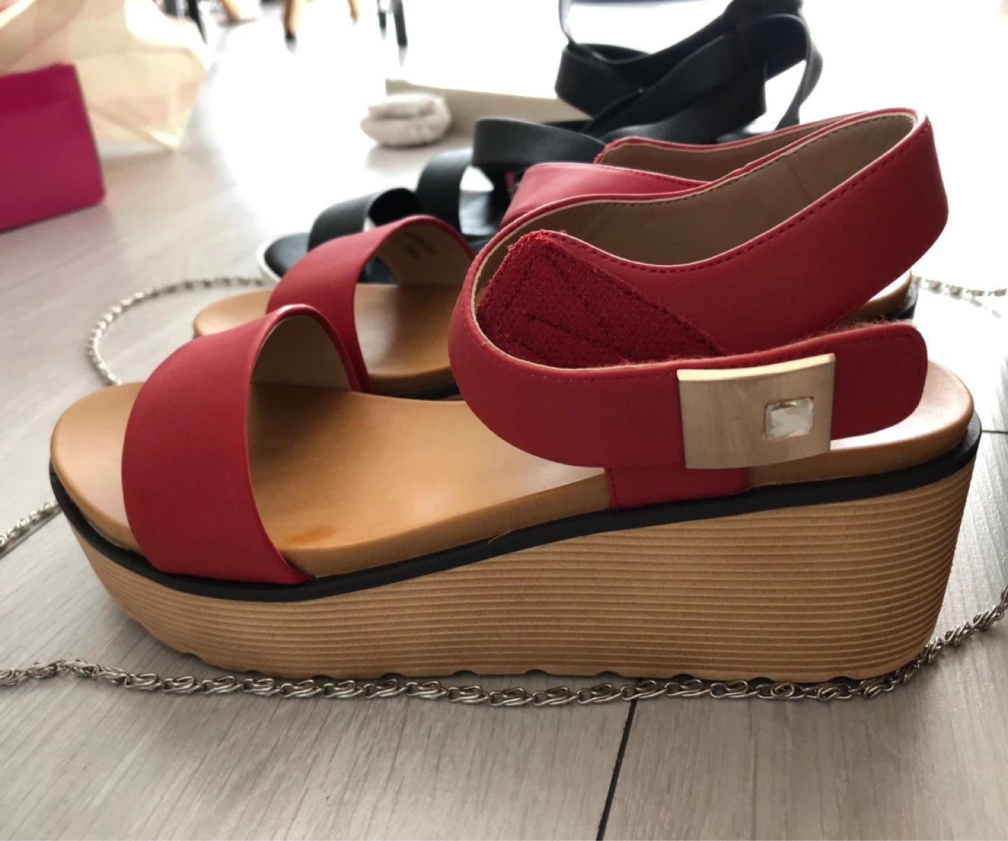 Daphne Women's Sandals - Red and Black and a black purse