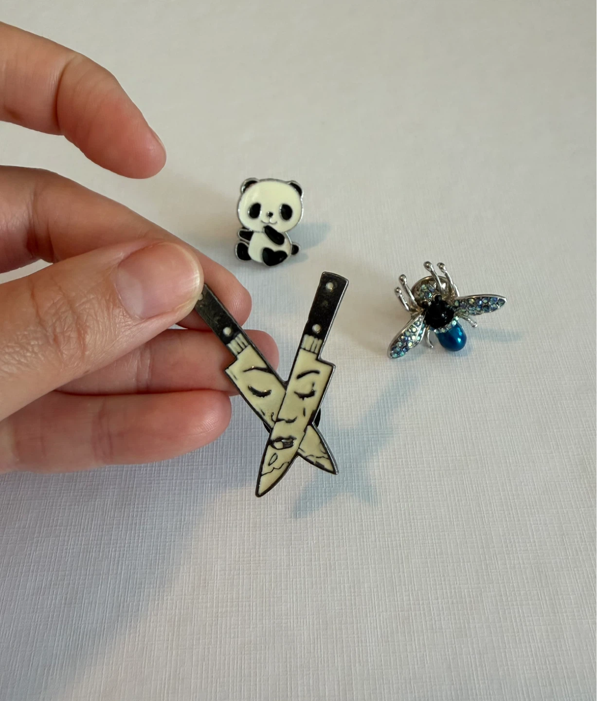 Lot of Enamel Pins - Bee, Panda, and Crying Knives - photo 3