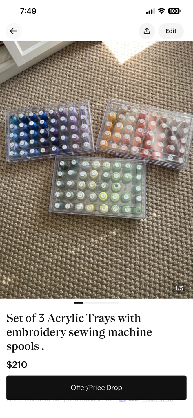 Set of 3 Acrylic Trays with Embroidery Sewing Machine Spools