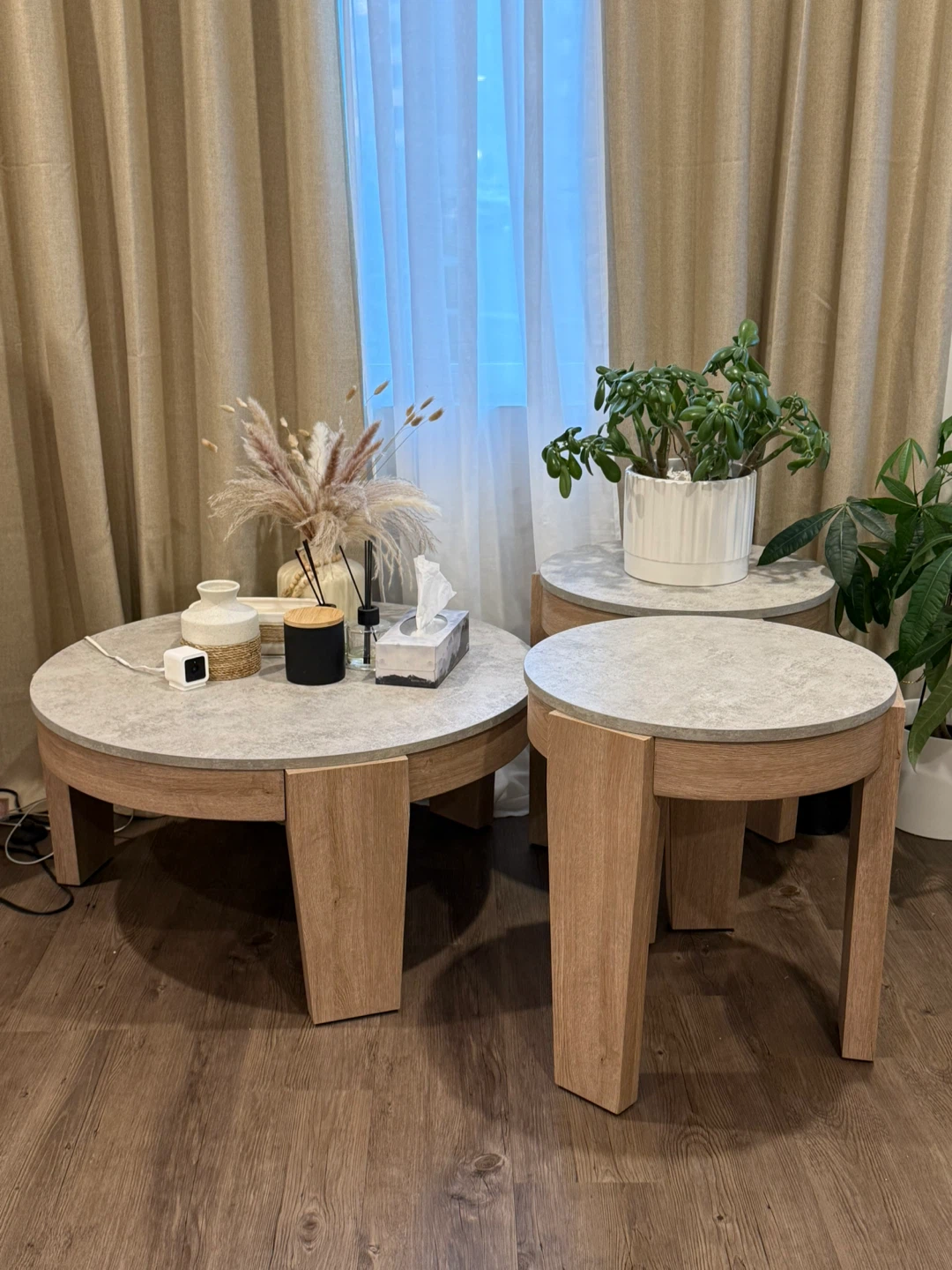 Round Coffee Table Set - Modern Wood and Stone Look