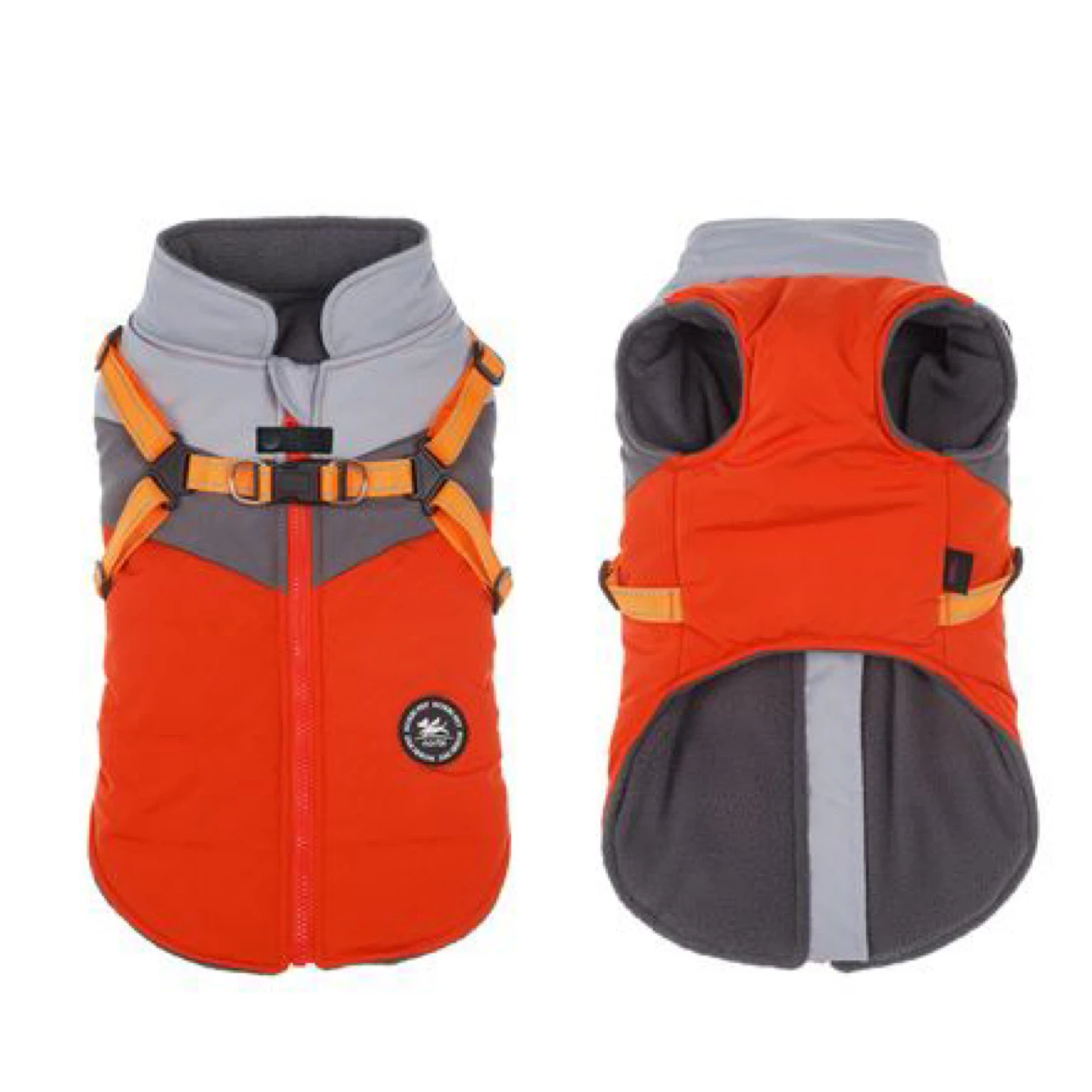 Orange and Grey Dog Winter Jacket with Harness