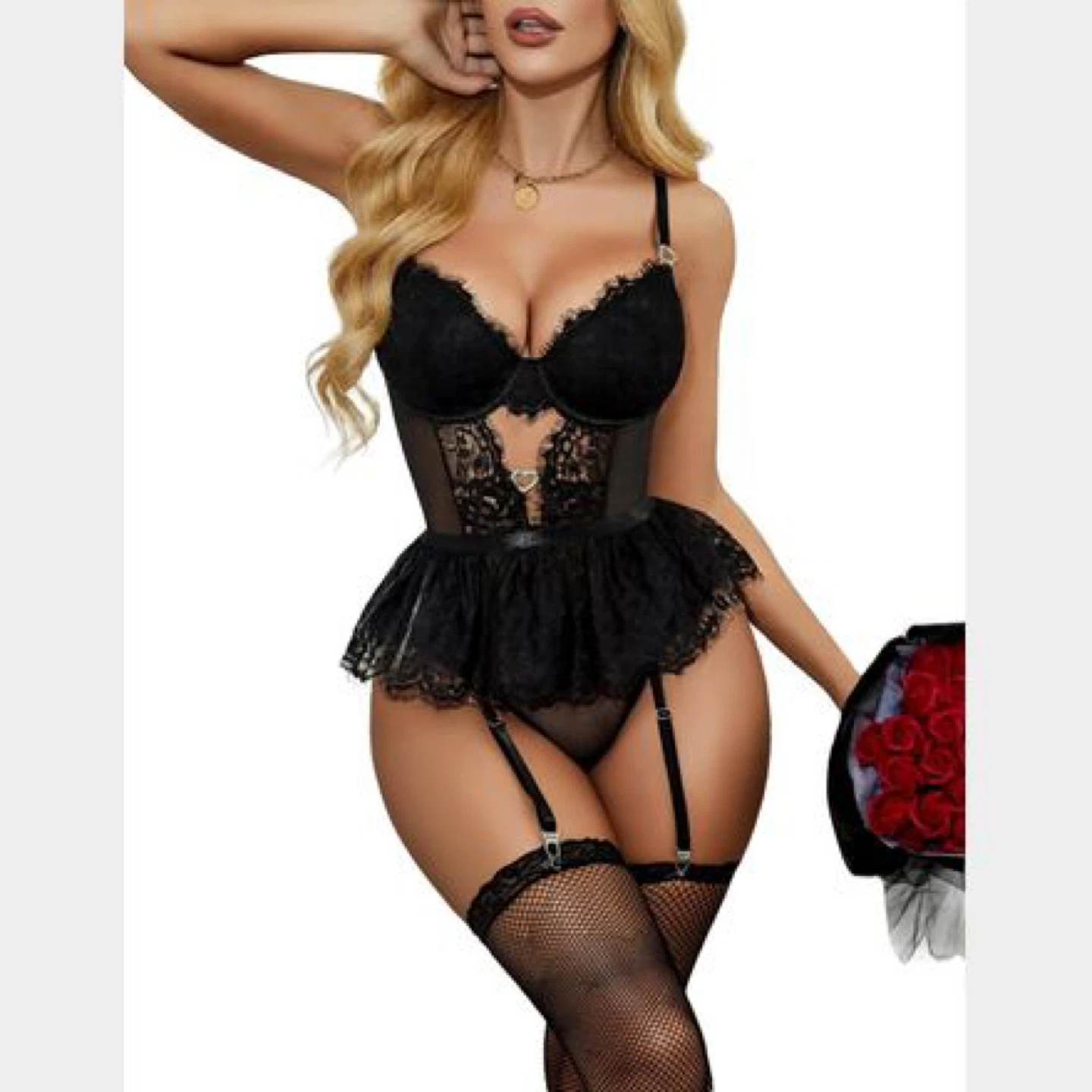 Black Lace lingerie Set with Stockings - photo 2