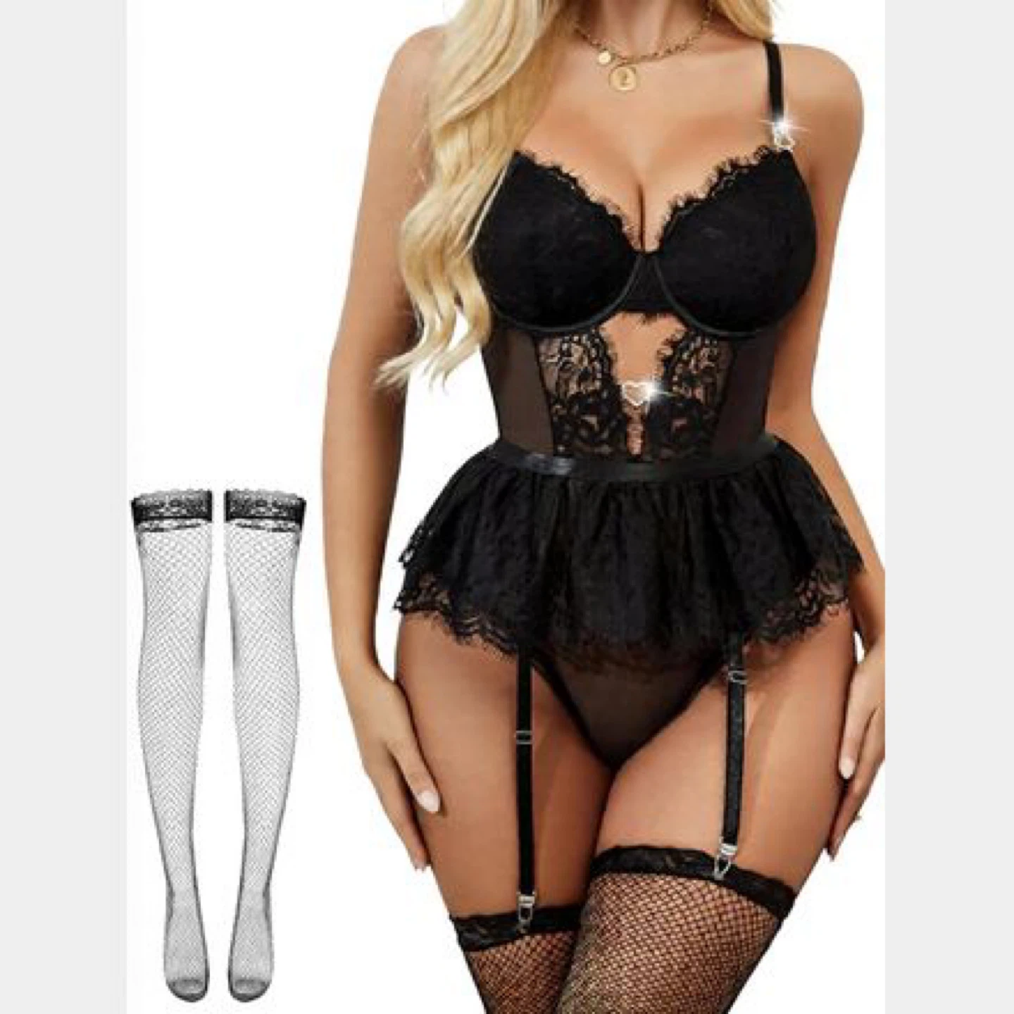 Black Lace lingerie Set with Stockings