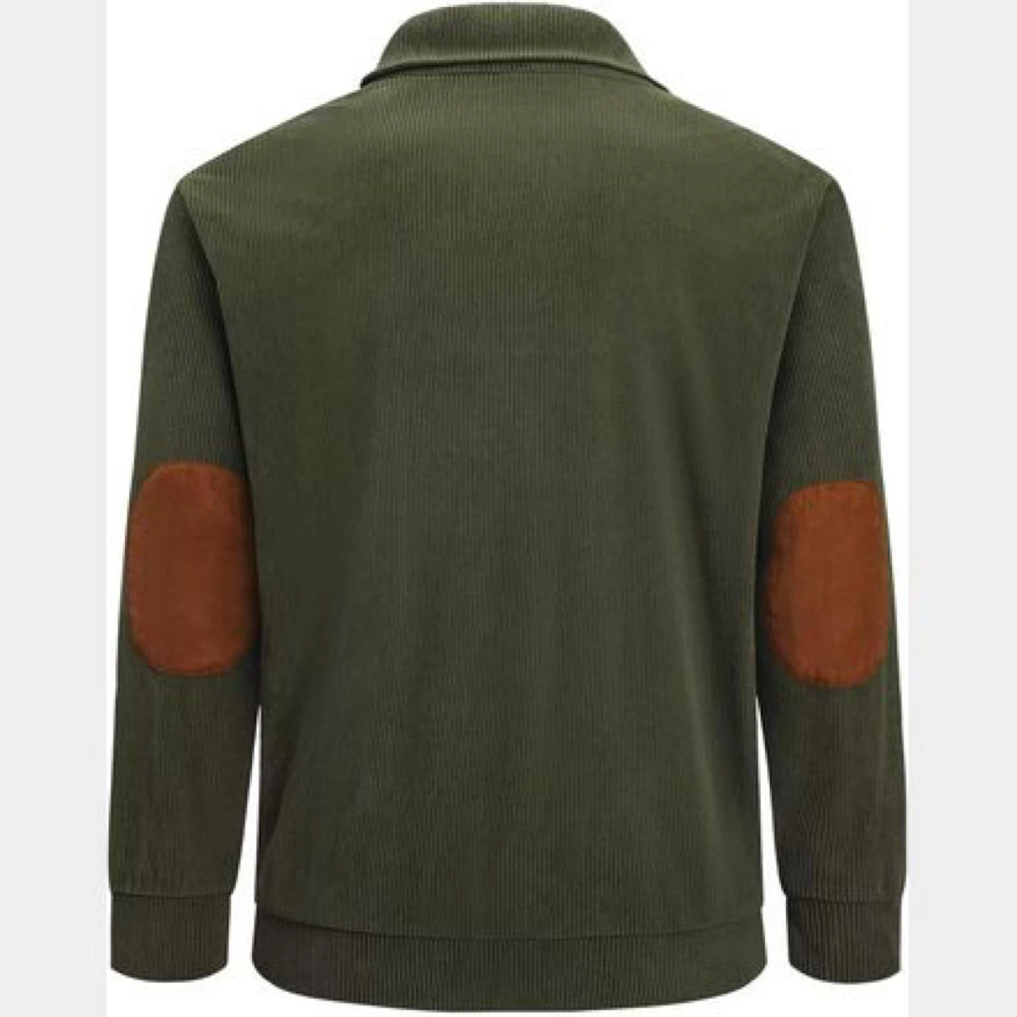 Men's Green Corduroy Pullover Sweatshirt with Plaid Collar - photo 2