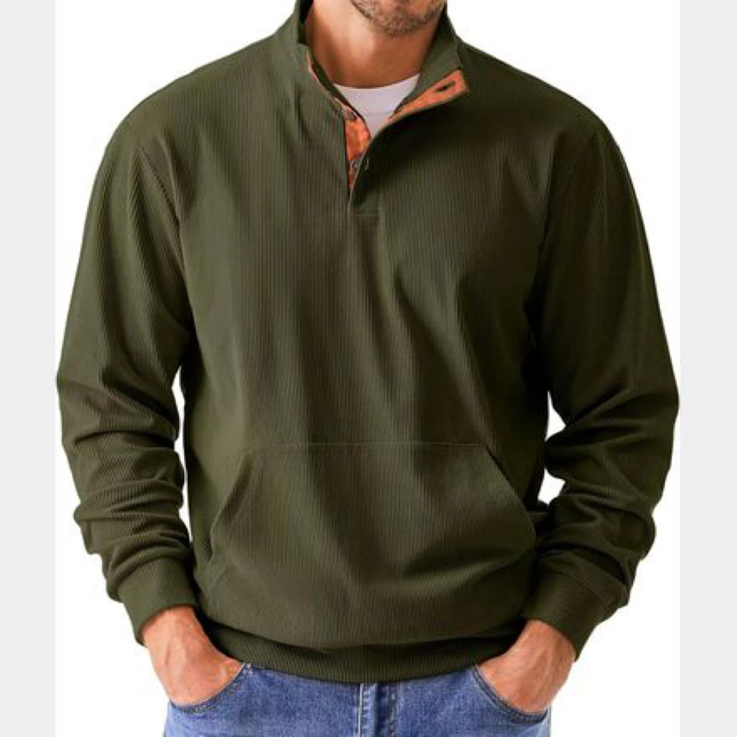 Men's Green Corduroy Pullover Sweatshirt with Plaid Collar
