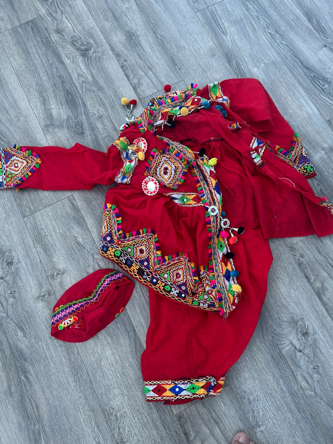 Red Embroidered Cultural Outfit with Tassels