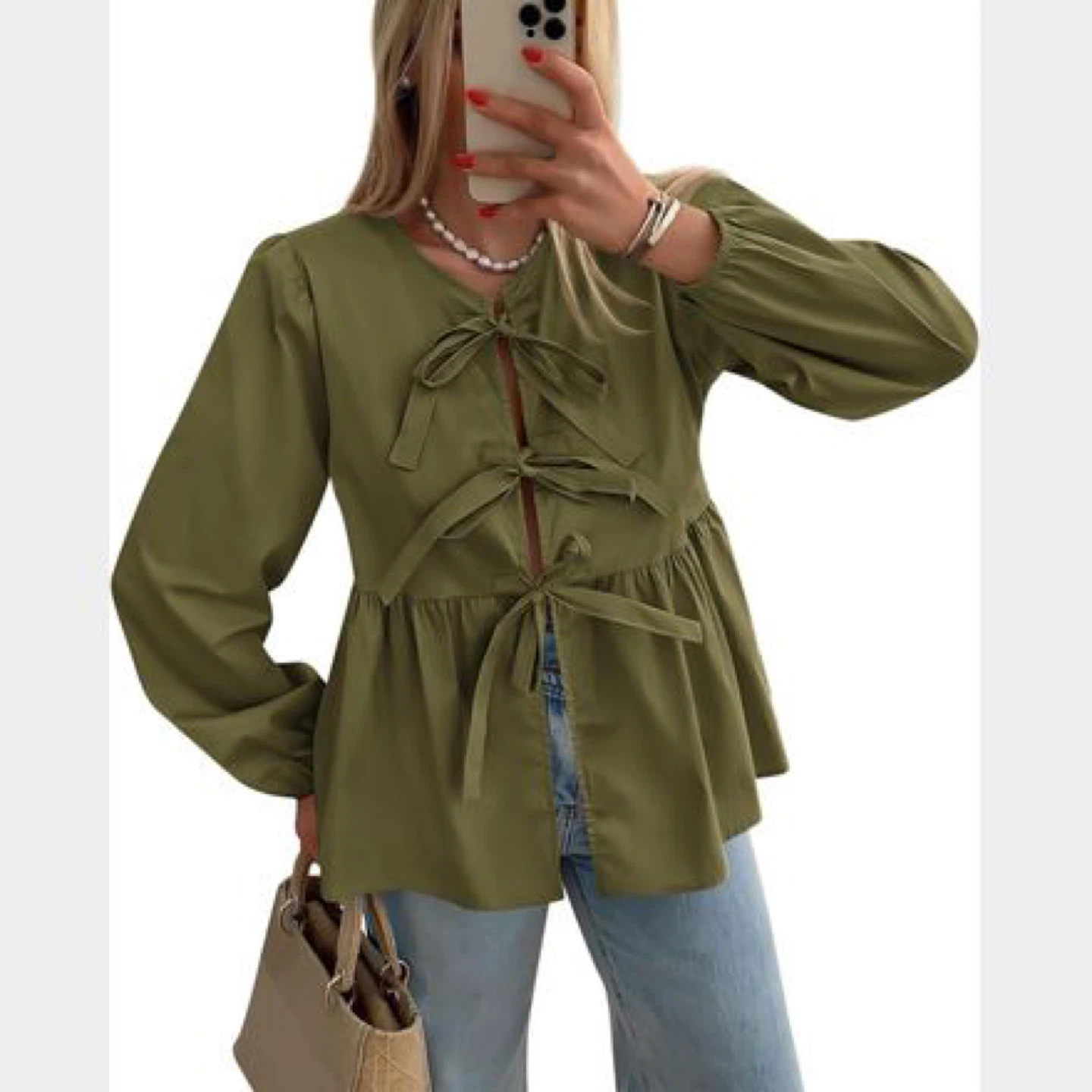Olive Green Tie Front Peplum Blouse