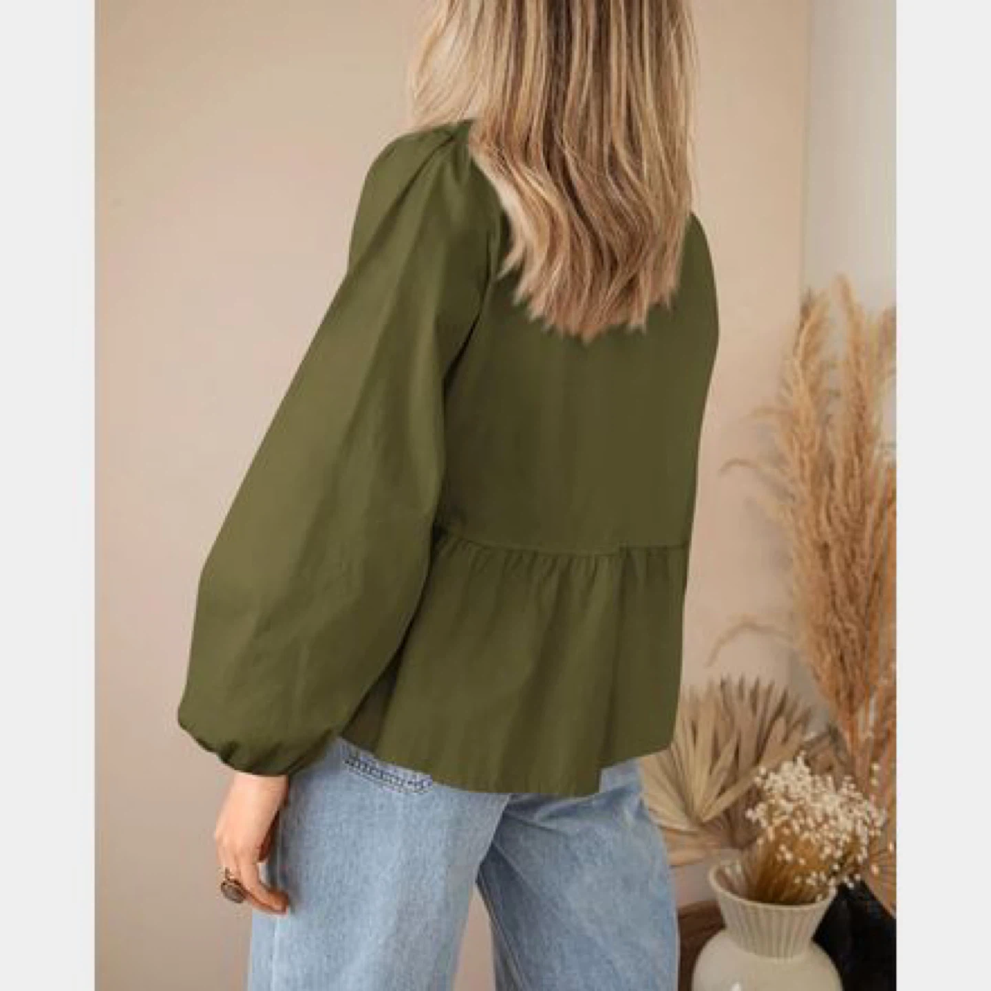Olive Green Tie Front Peplum Blouse - photo 2