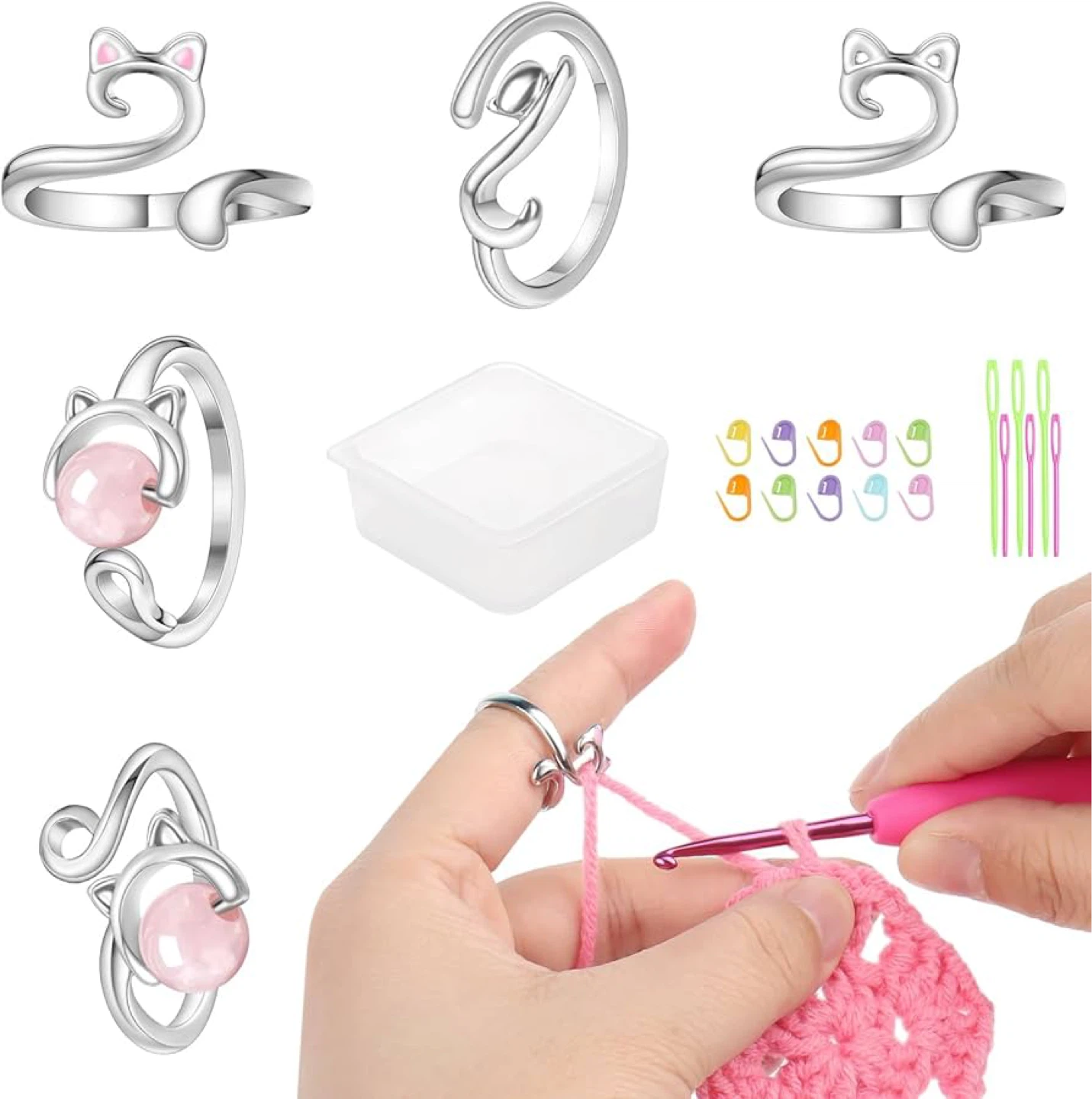 Crochet Silver Cat Ring Set (6 rings)