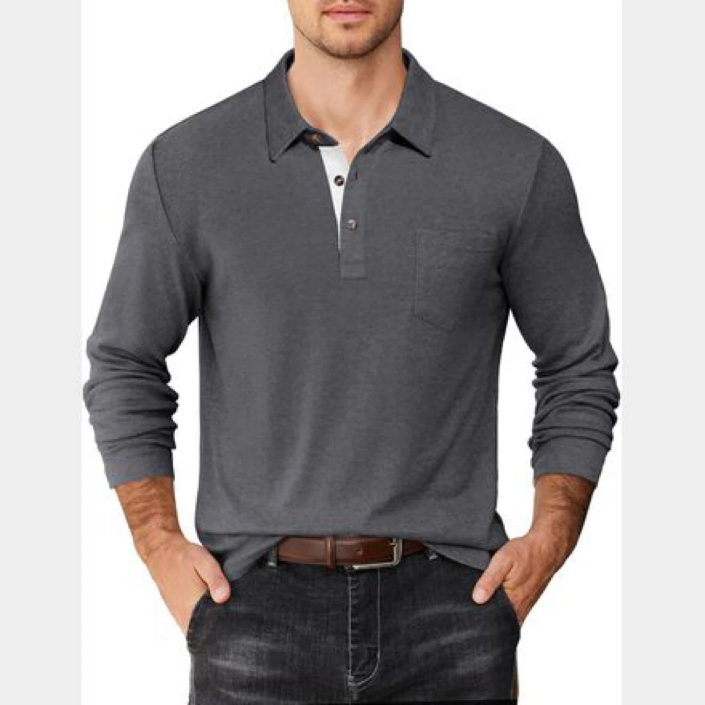 Men's Dark Grey Long Sleeve Polo Shirt