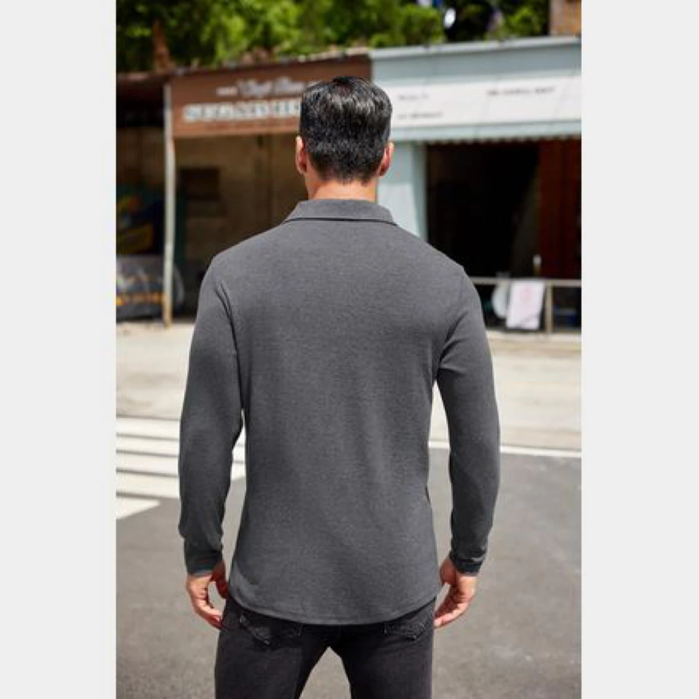 Men's Dark Grey Long Sleeve Polo Shirt - photo 2