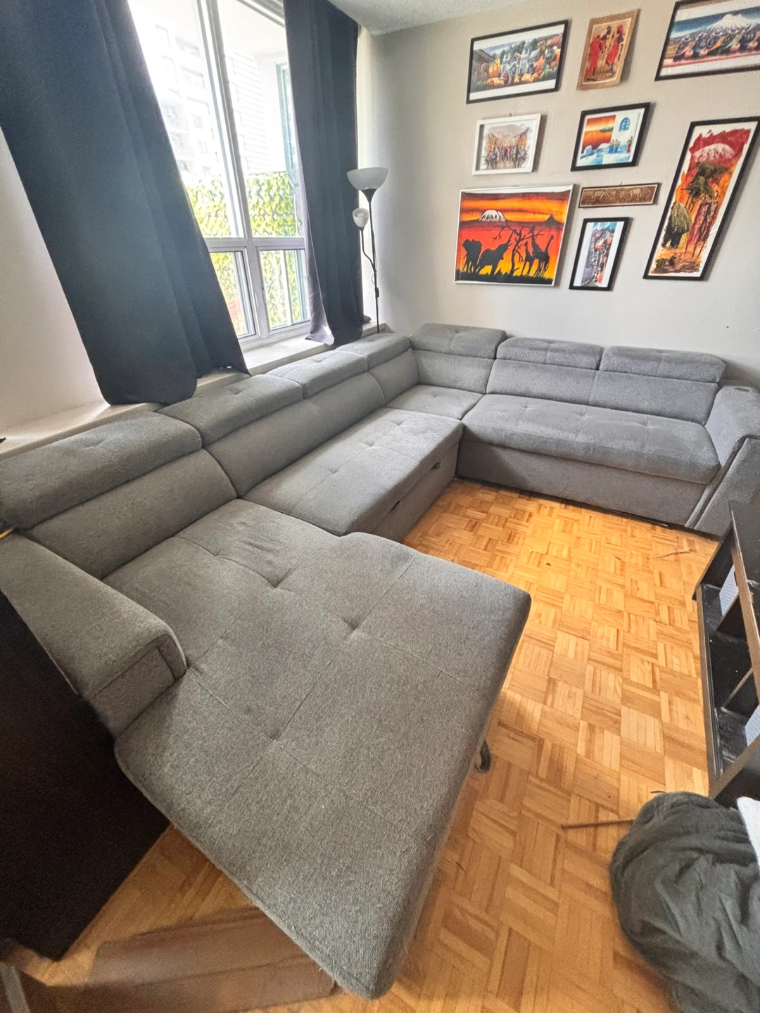 Sectional couch with pull out bed and storage