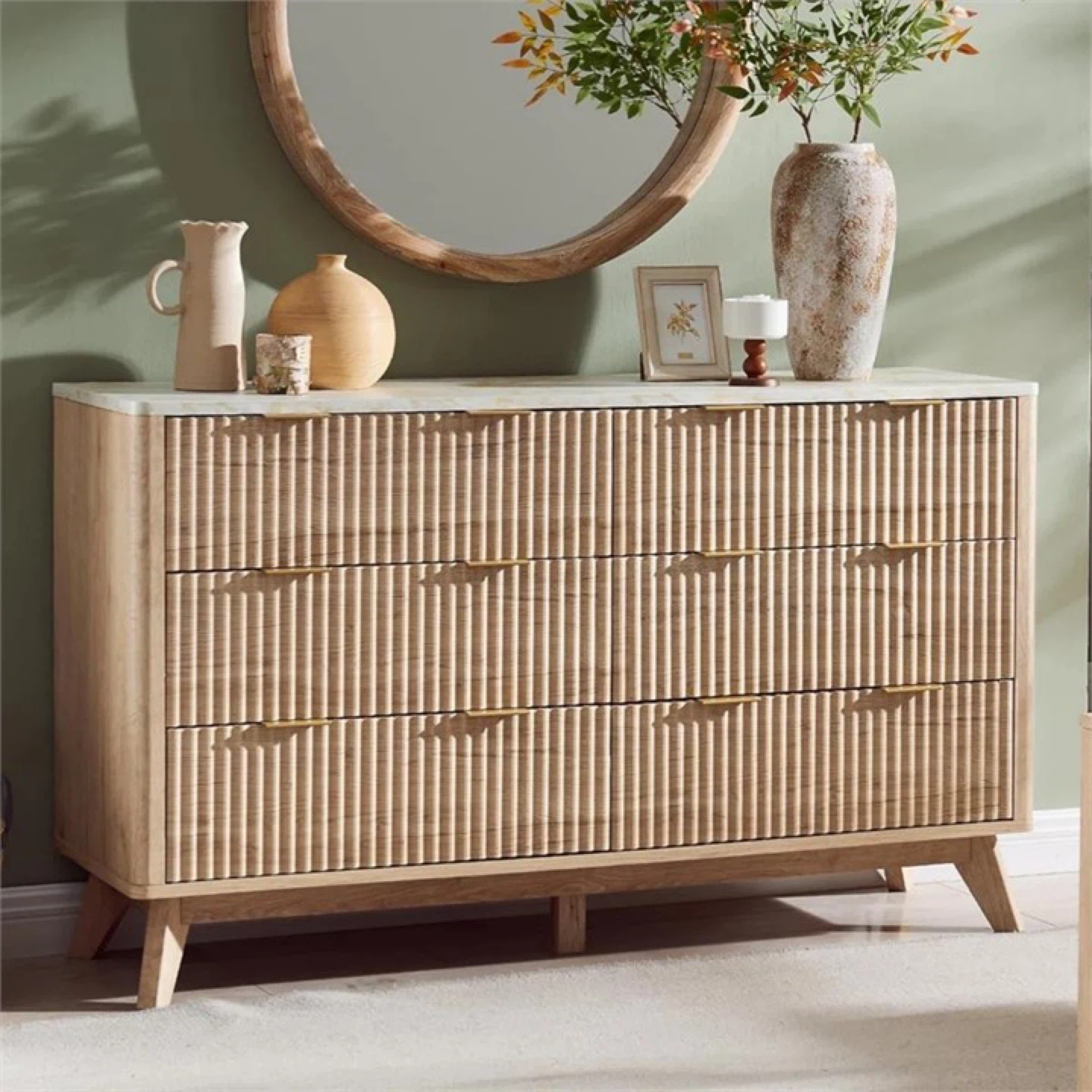 Wooden Dresser with Marble Top - 6 Drawers