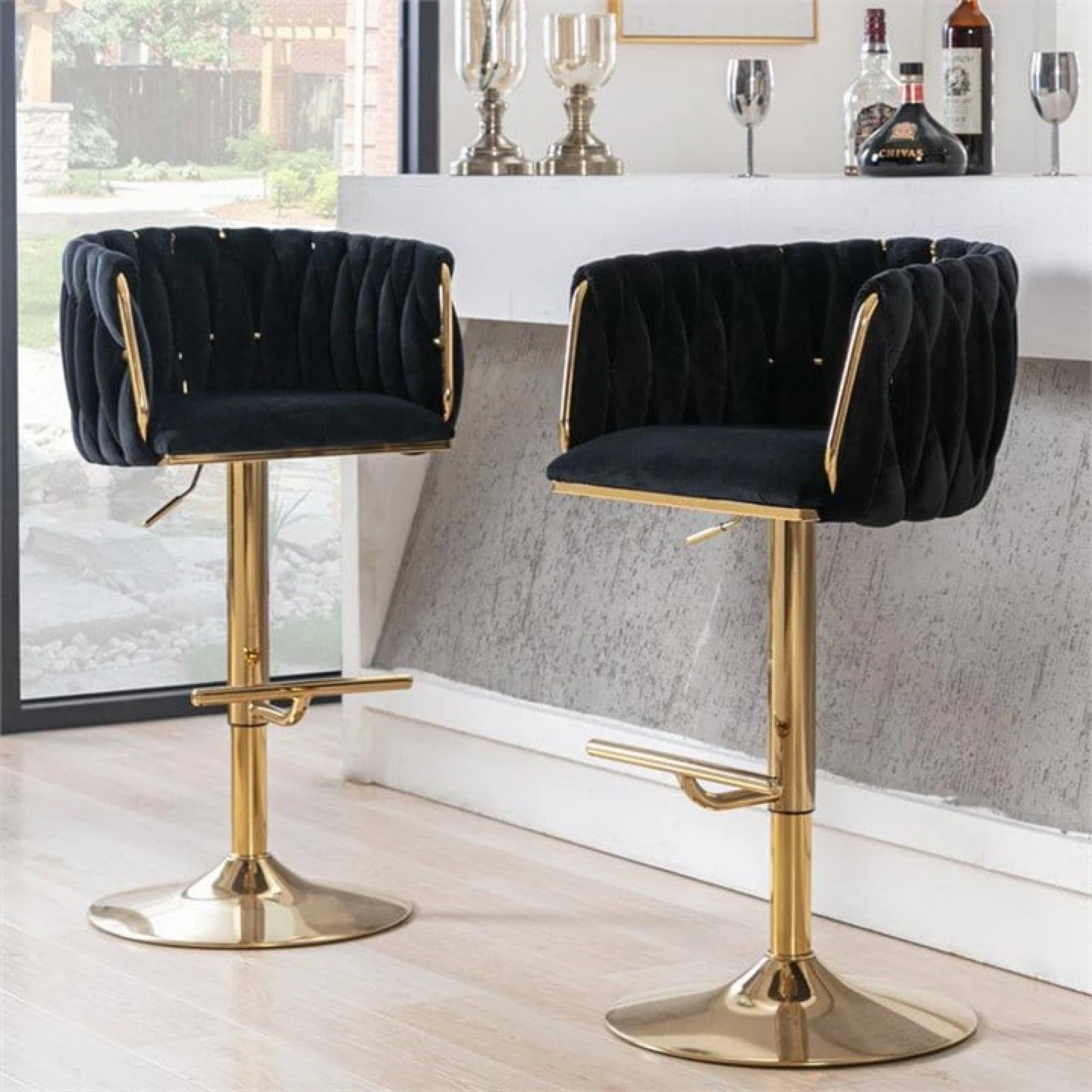 Black velvet bar stools with gold base (set of 2)