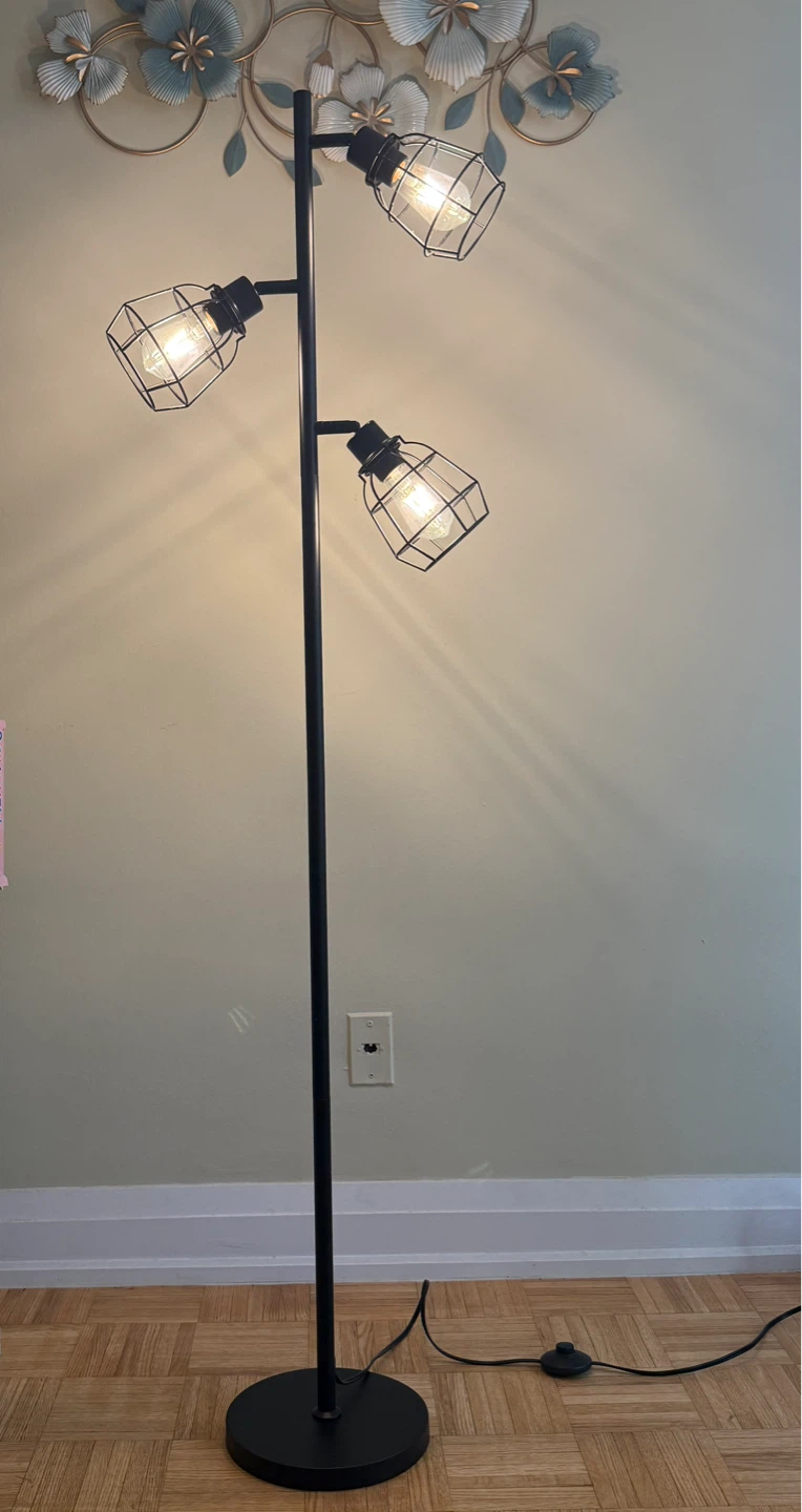Black floor lamp with 3 cage lights