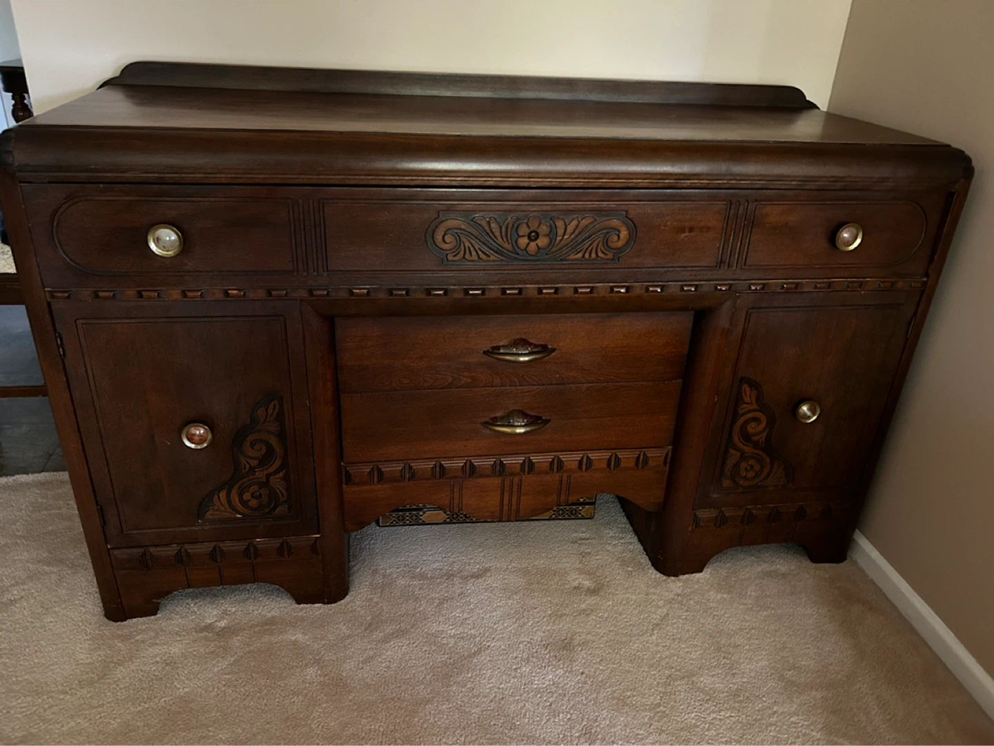 C1940 Walnut Wood Buffet/Sideboard Dresser with Carved Details - photo 5