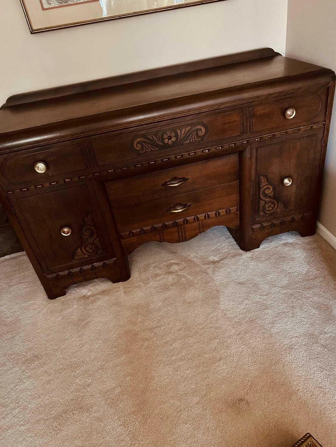 C1940 Walnut Wood Buffet/Sideboard Dresser with Carved Details - photo 2